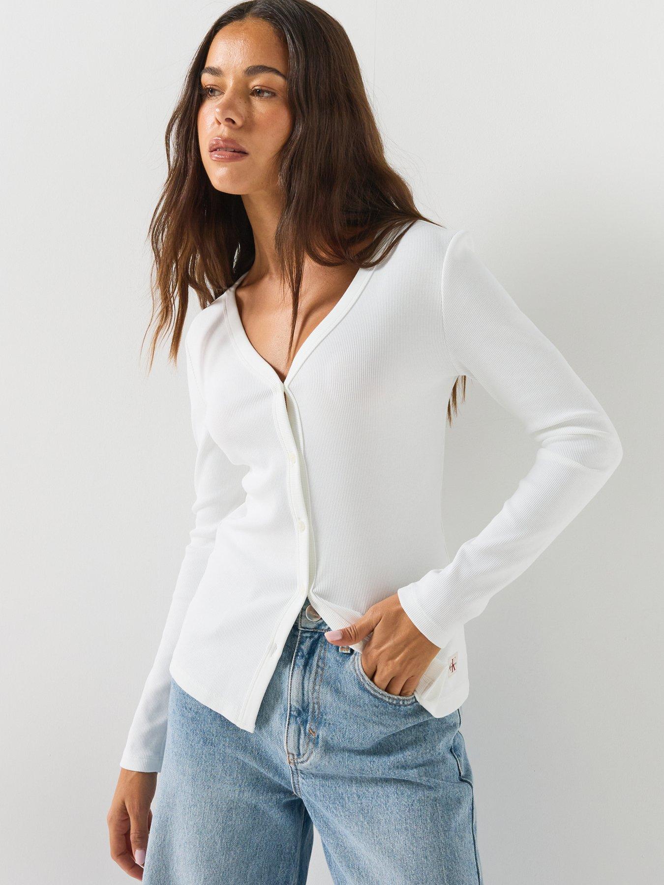 Image 5 of 5 of Calvin Klein Jeans Jeans Slim Ribbed Cotton Cardigan - White
