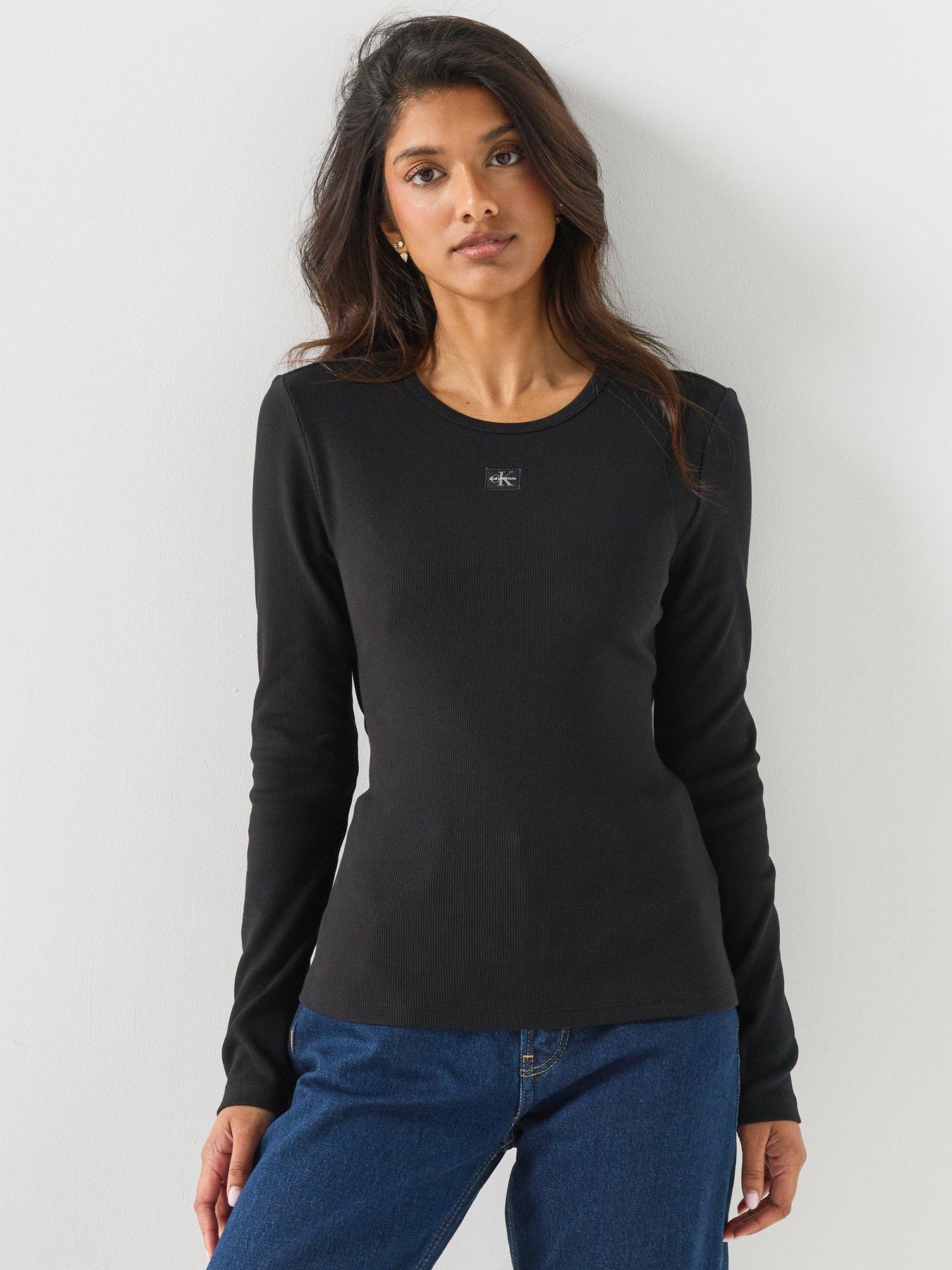 Image 1 of 6 of Calvin Klein Jeans Women's Long Sleeve Woven Label Detail Top - Black