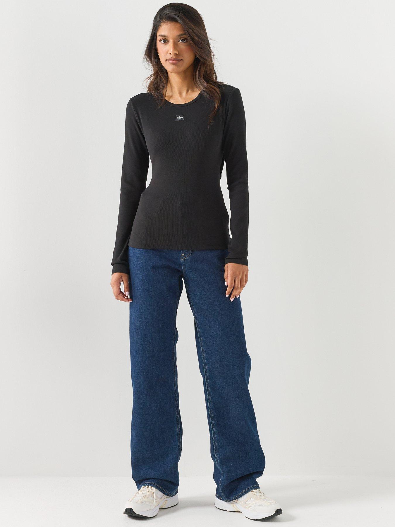 Image 3 of 6 of Calvin Klein Jeans Women's Long Sleeve Woven Label Detail Top - Black