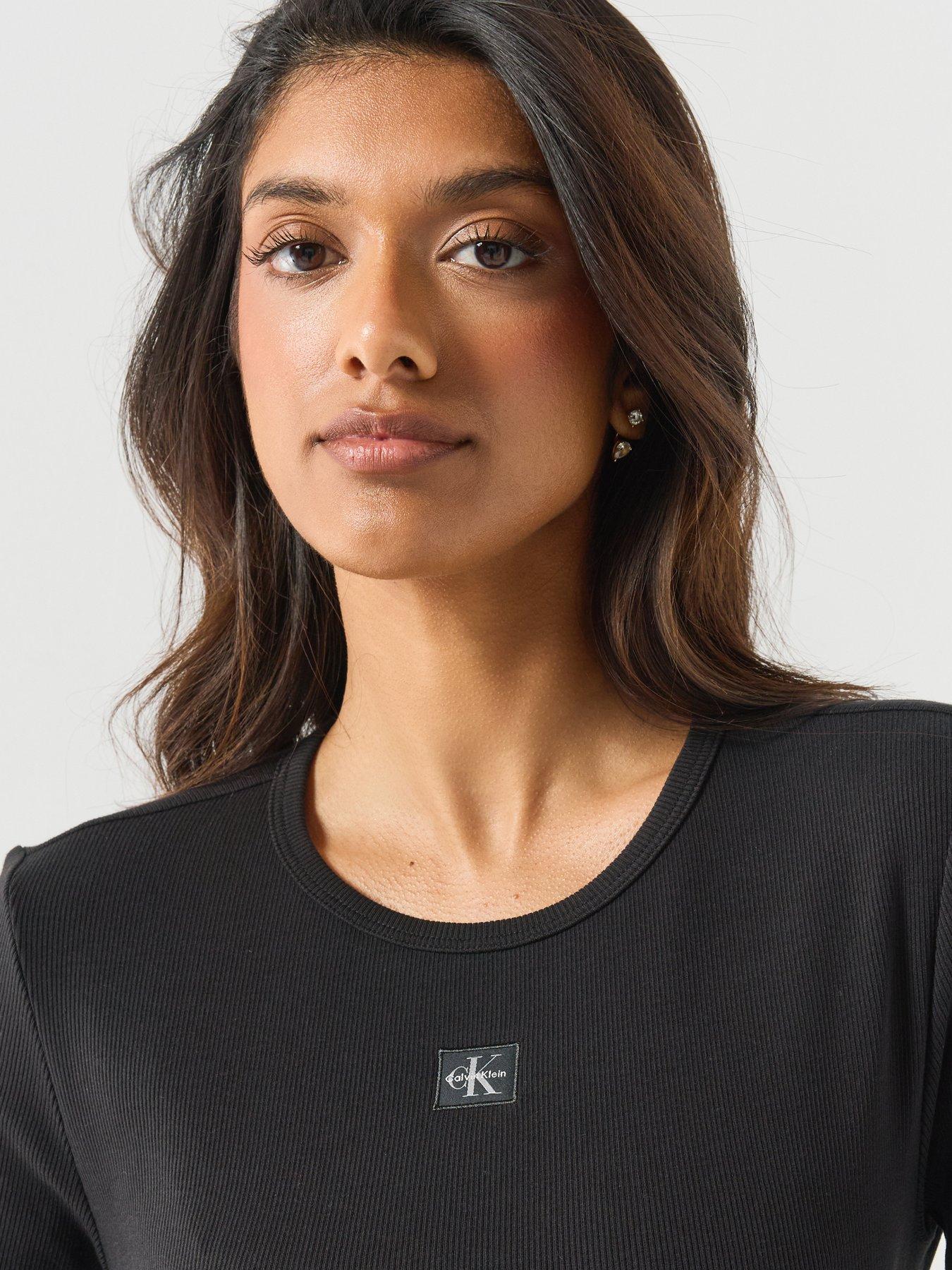 Image 6 of 6 of Calvin Klein Jeans Women's Long Sleeve Woven Label Detail Top - Black