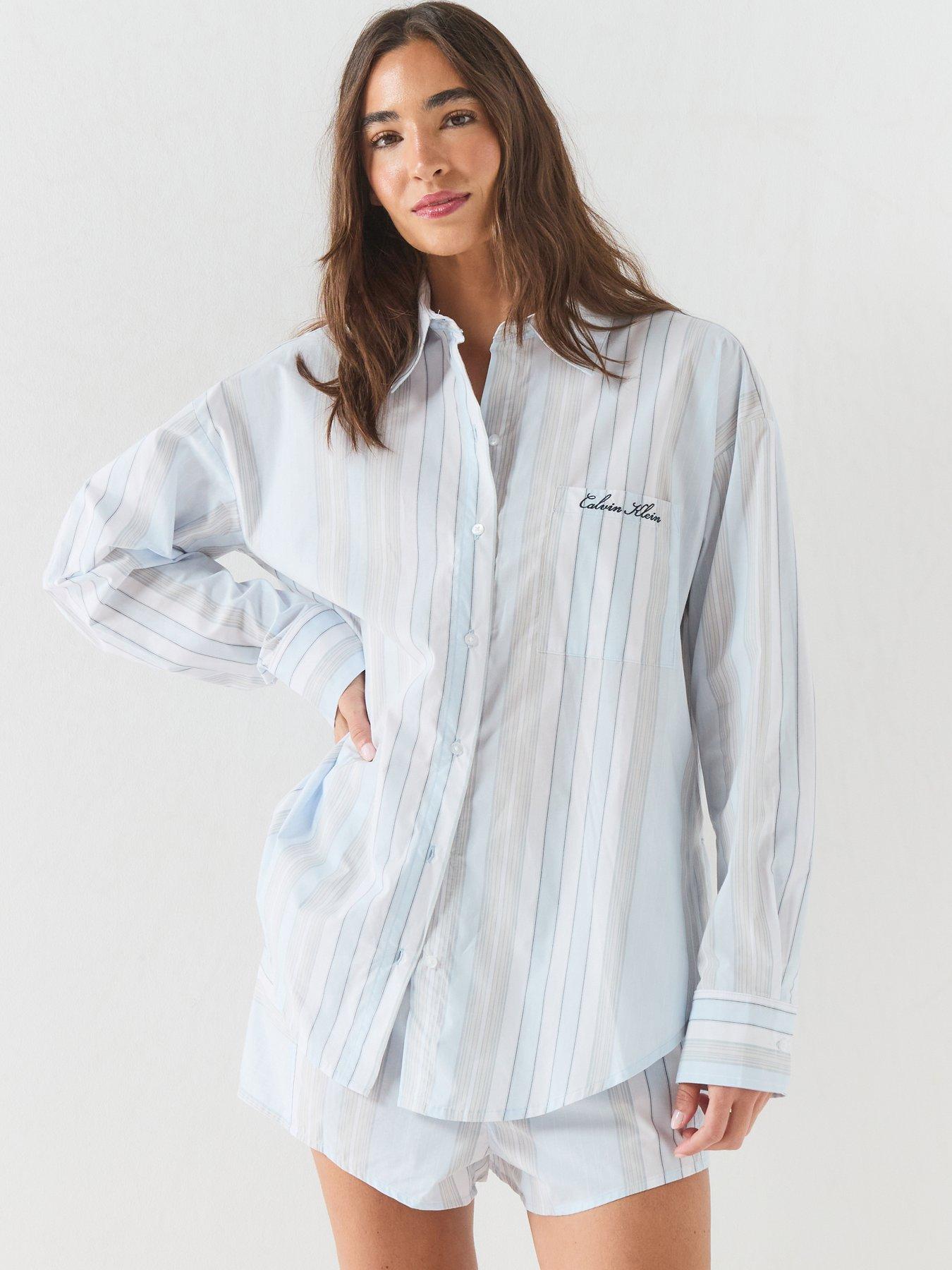 Calvin Klein Script Logo Stripe Long Sleeve Button Shirt - Blue