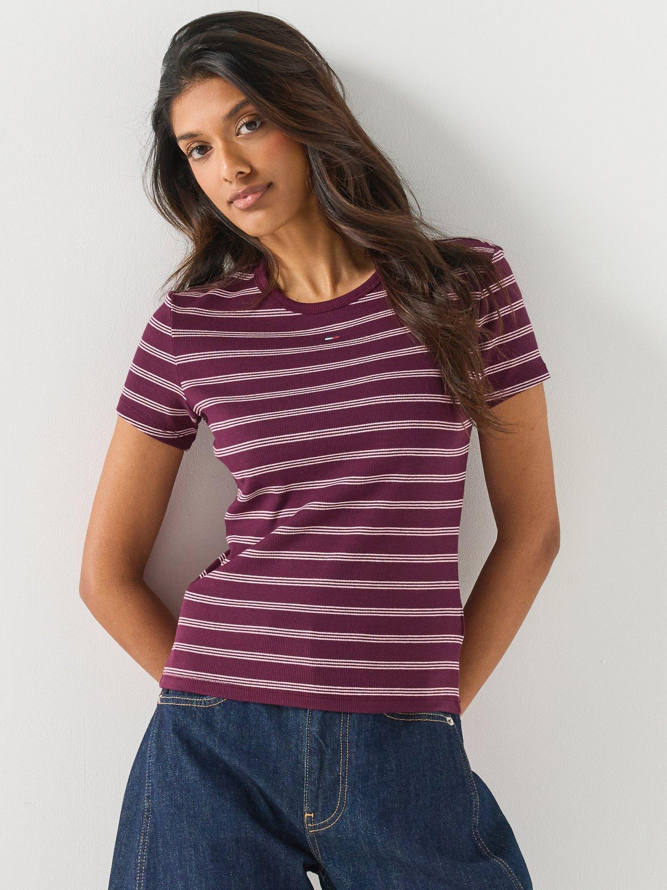 Tommy Jeans Women's Slim Essential Rib Stripe T-Shirt - Red