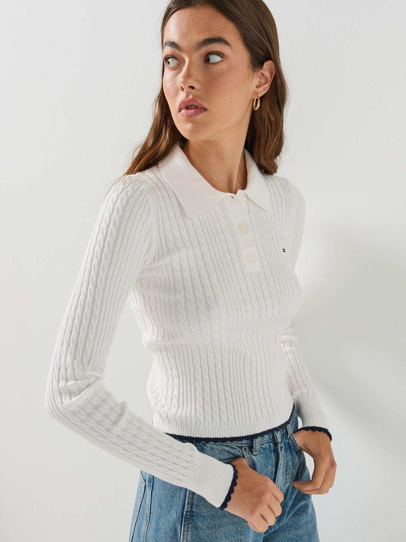 Image 1 of 6 of Tommy Jeans Micro Cable Knit Slim Polo Jumper - White