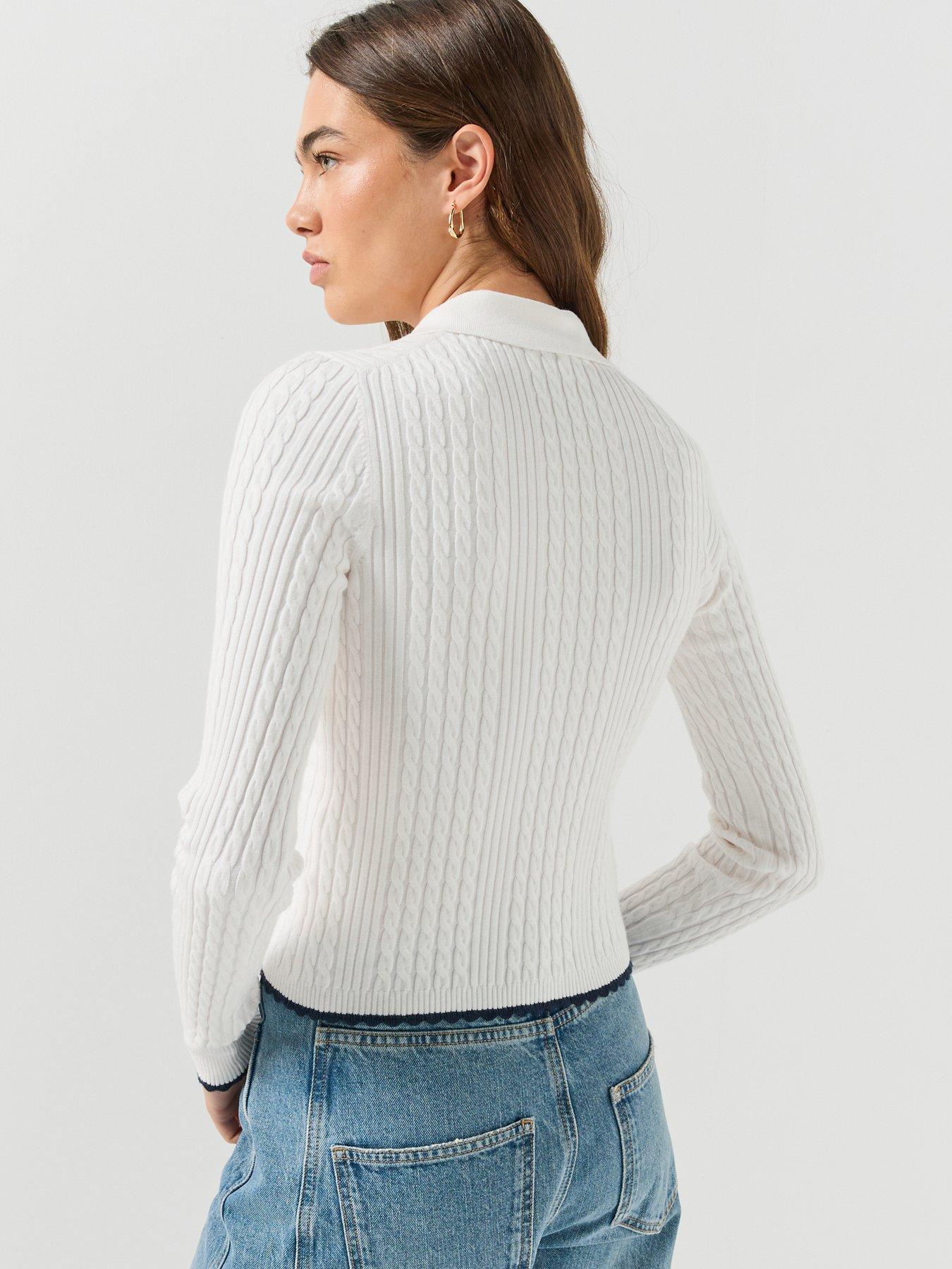 Image 2 of 6 of Tommy Jeans Micro Cable Knit Slim Polo Jumper - White