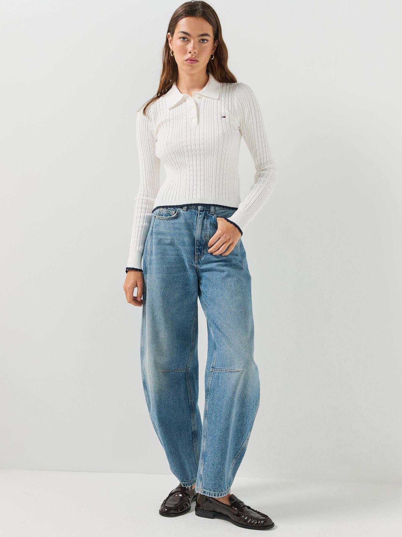 Image 3 of 6 of Tommy Jeans Micro Cable Knit Slim Polo Jumper - White