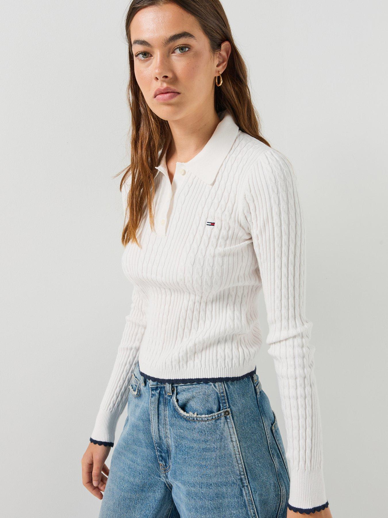 Image 4 of 6 of Tommy Jeans Micro Cable Knit Slim Polo Jumper - White