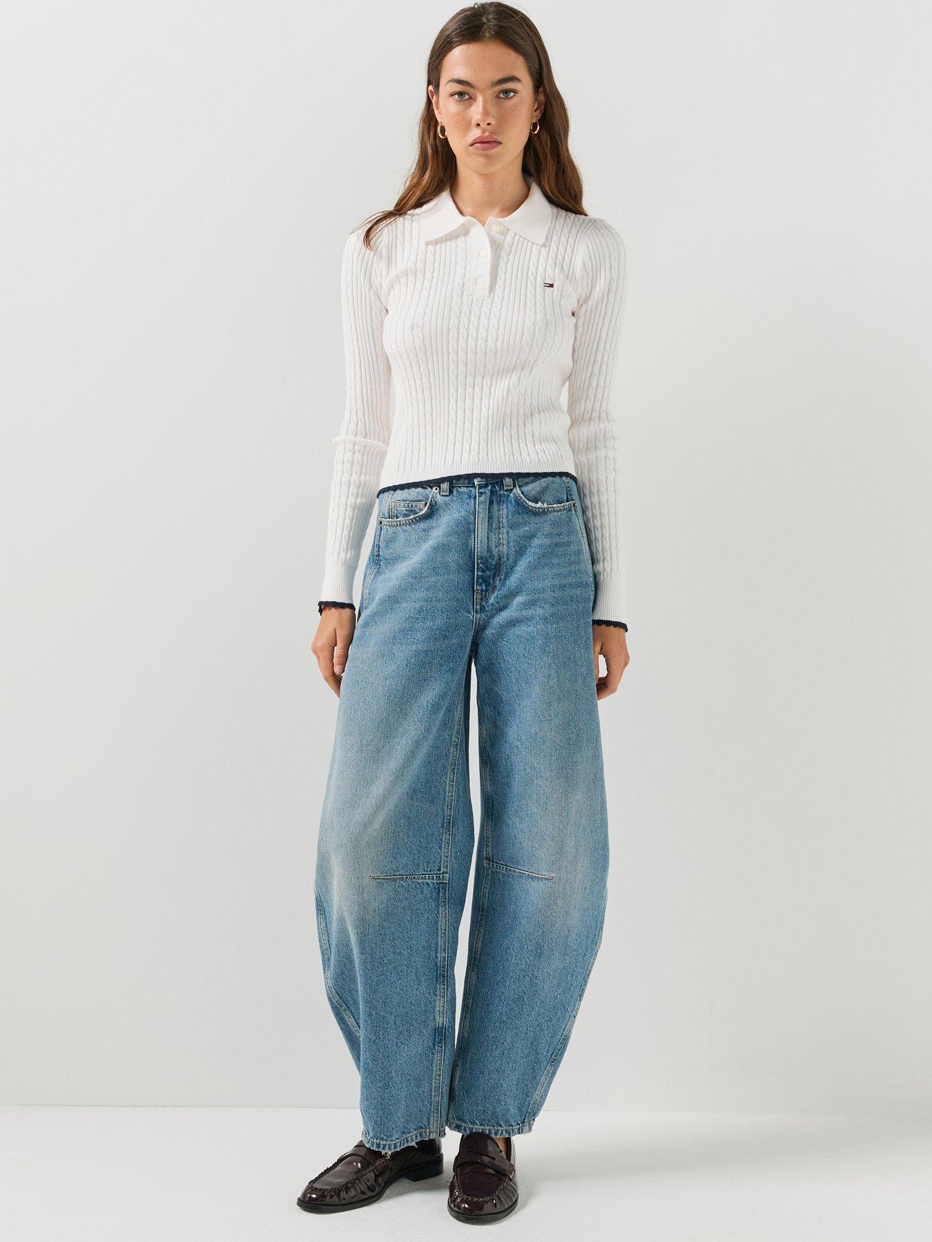 Image 5 of 6 of Tommy Jeans Micro Cable Knit Slim Polo Jumper - White
