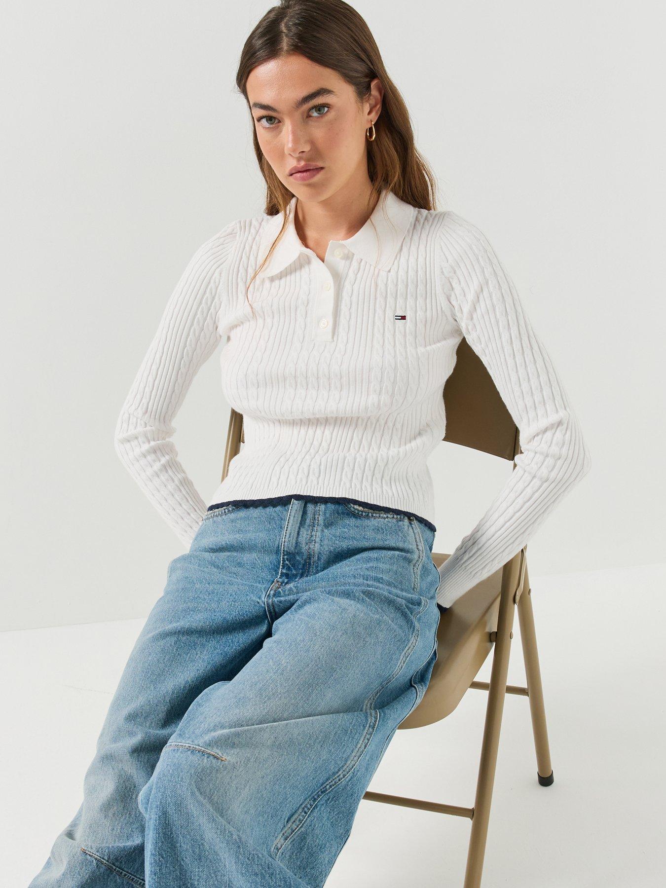 Image 6 of 6 of Tommy Jeans Micro Cable Knit Slim Polo Jumper - White