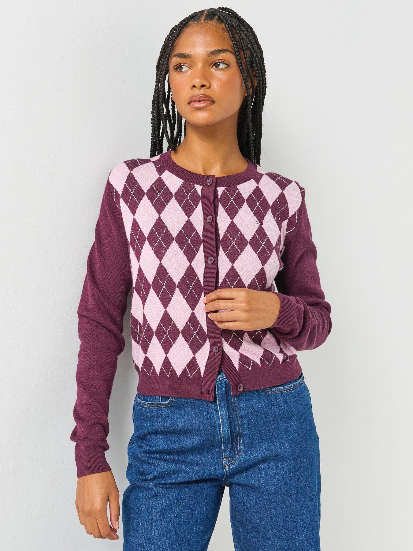 Image 1 of 6 of Tommy Jeans Argyle Crew Neck Cardigan - Red