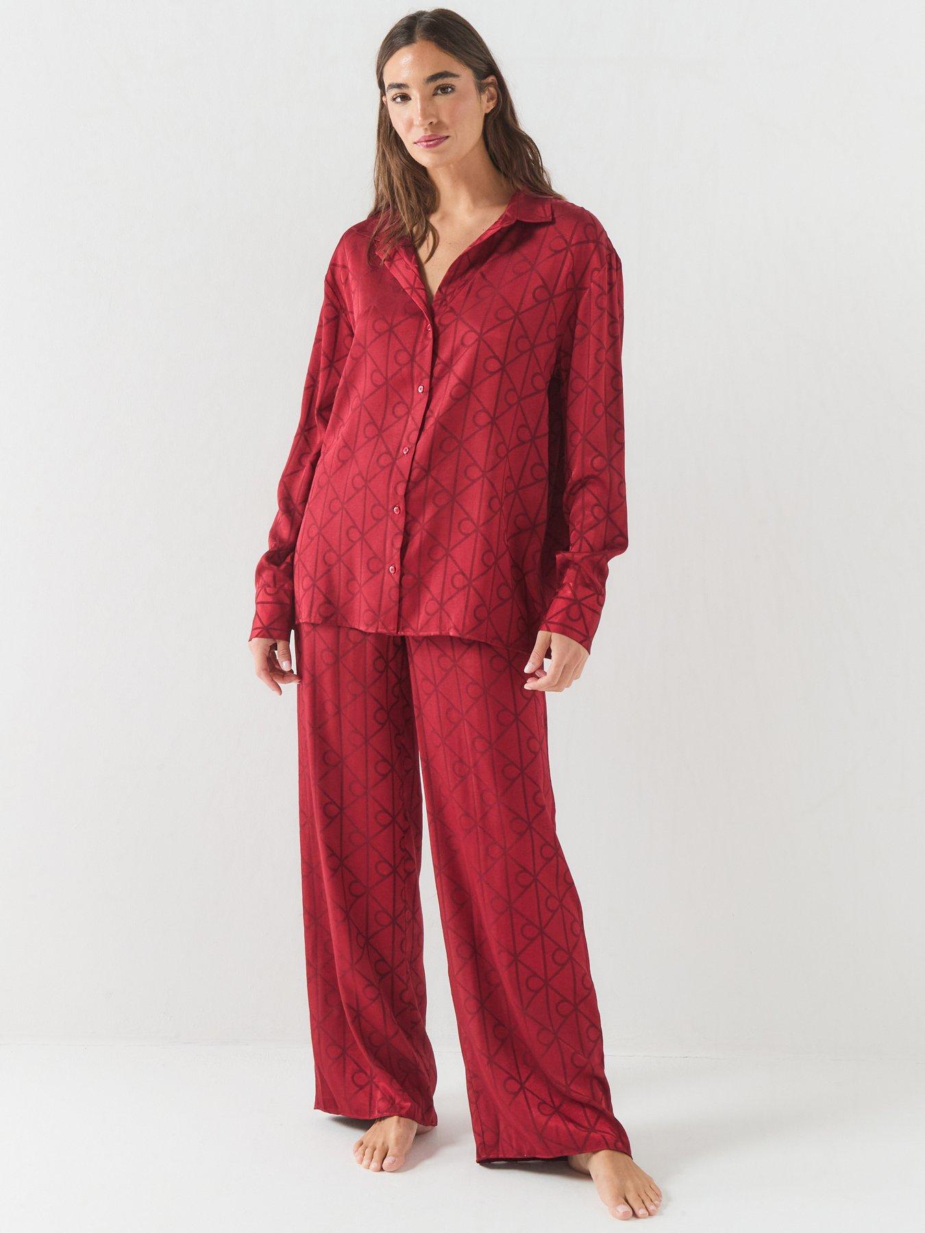 Image 1 of 6 of Calvin Klein Womens Long Sleeve Satin Button-Through Pyjama Set - Multi