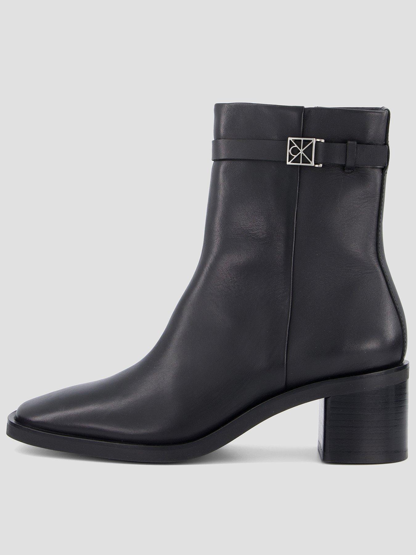 Image 1 of 7 of Calvin Klein Hardware Block Heel Leather Ankle Boot - Black