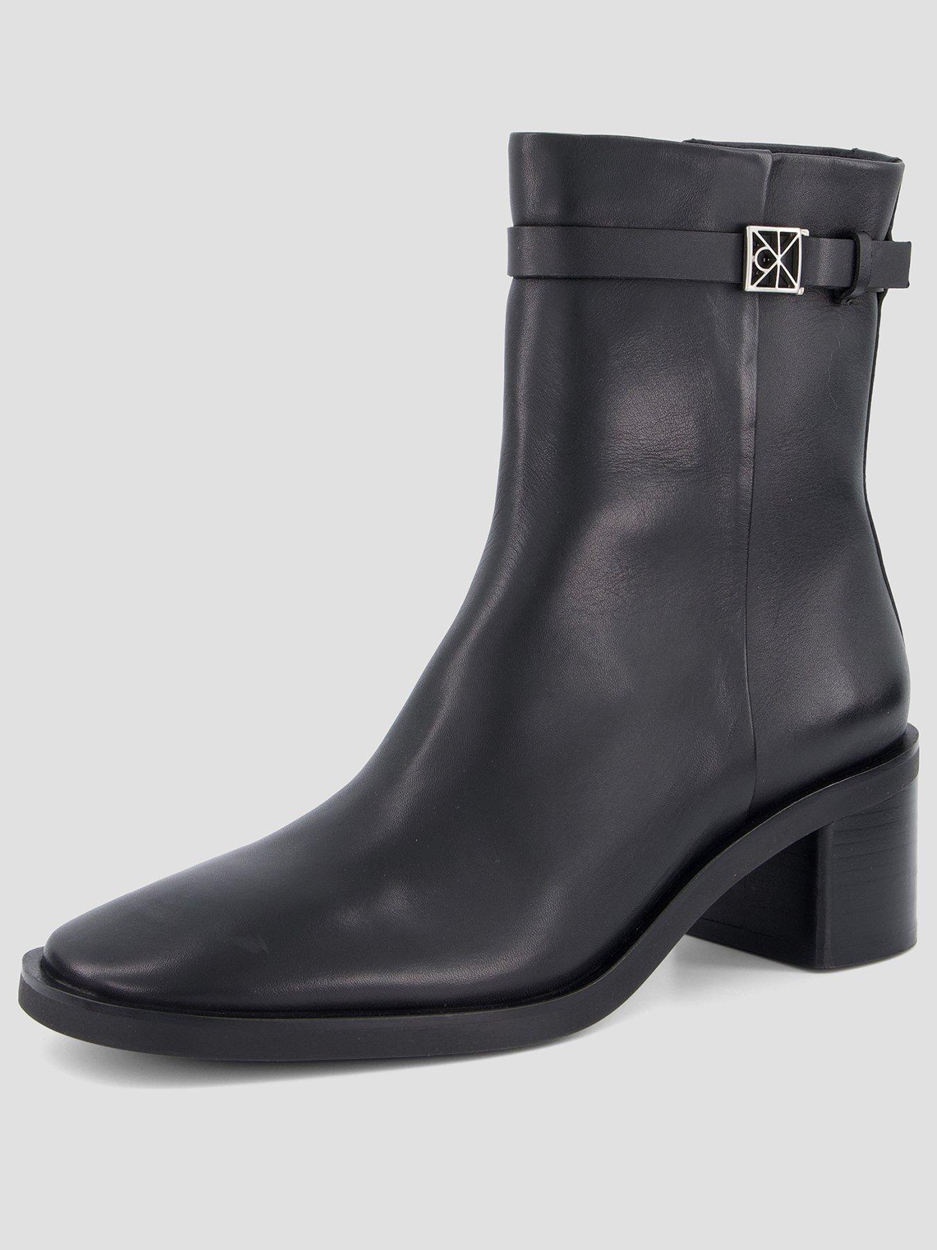 Image 2 of 7 of Calvin Klein Hardware Block Heel Leather Ankle Boot - Black