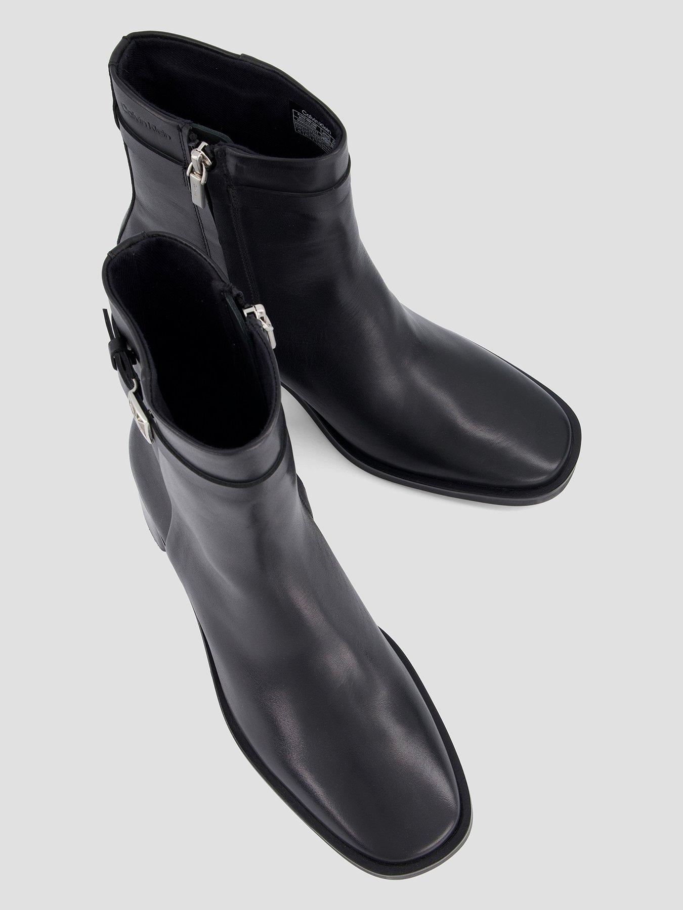Image 3 of 7 of Calvin Klein Hardware Block Heel Leather Ankle Boot - Black