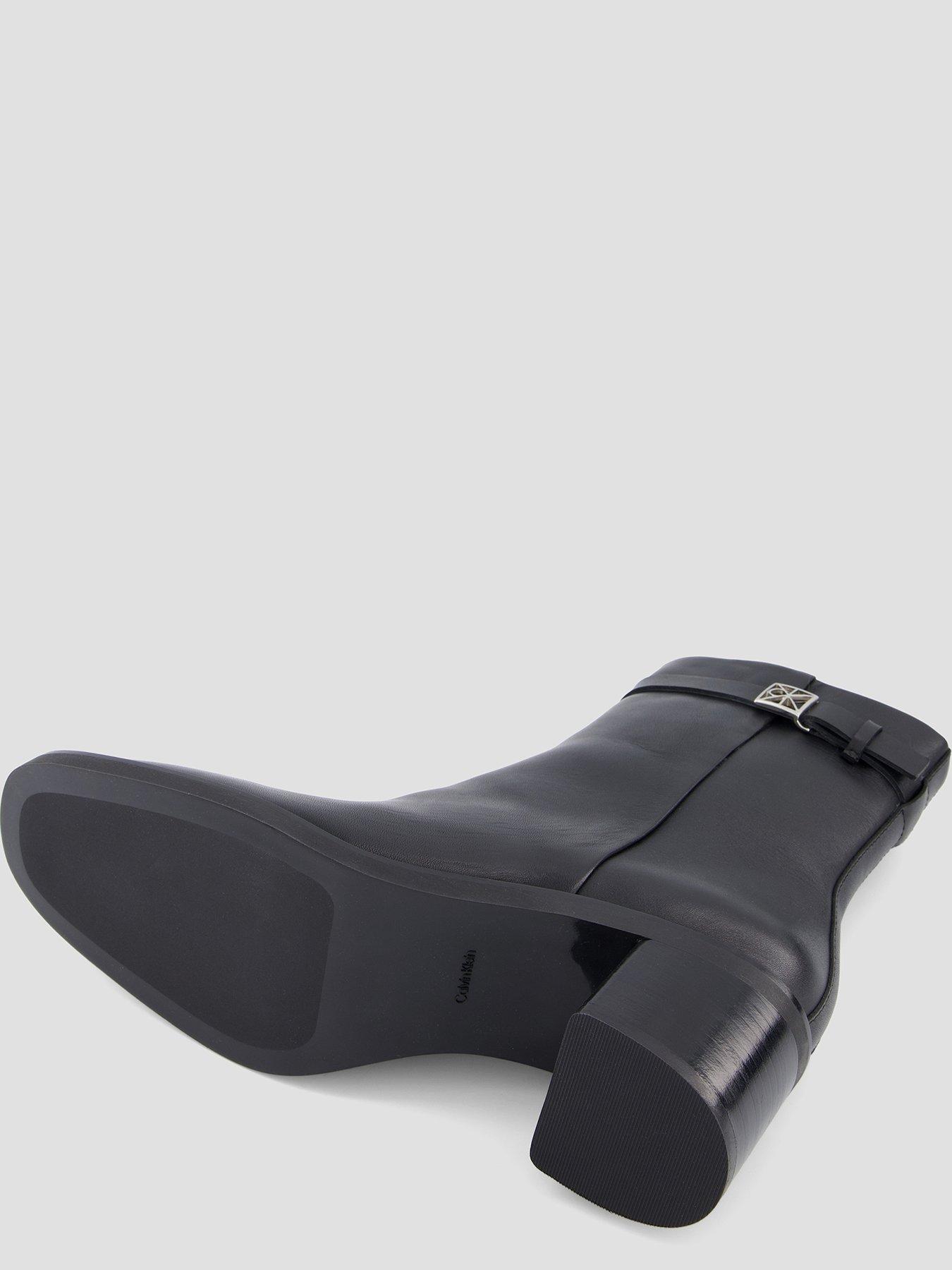 Image 4 of 7 of Calvin Klein Hardware Block Heel Leather Ankle Boot - Black