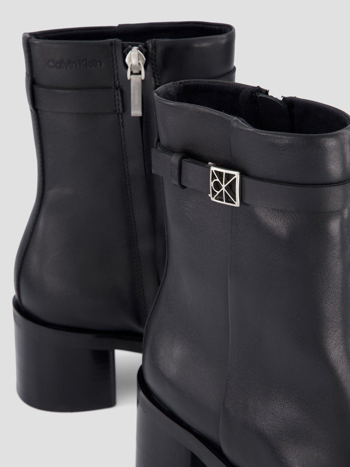 Image 5 of 7 of Calvin Klein Hardware Block Heel Leather Ankle Boot - Black