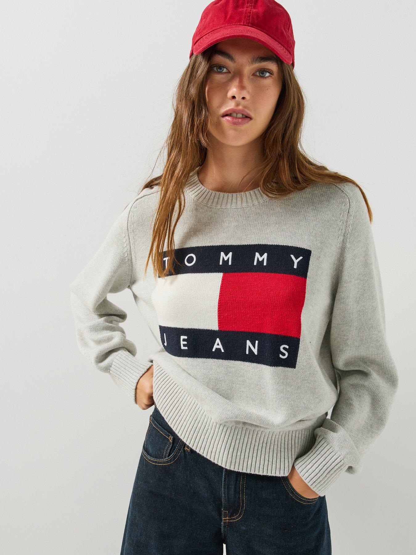 Image 1 of 6 of Tommy Jeans Tommy Flag Relaxed Crew Neck Jumper - Grey