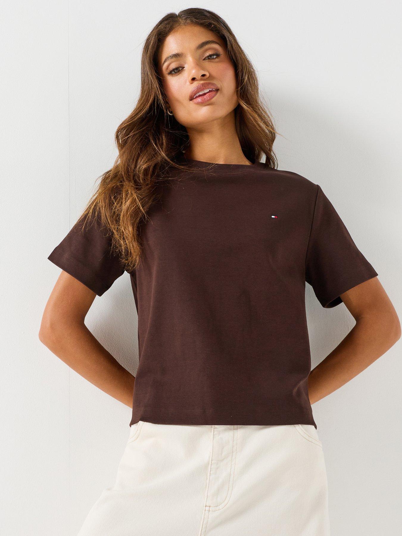 Tommy Hilfiger Women's Interlock Boxy Crew Neck Short Sleeve T-Shirt - Brown