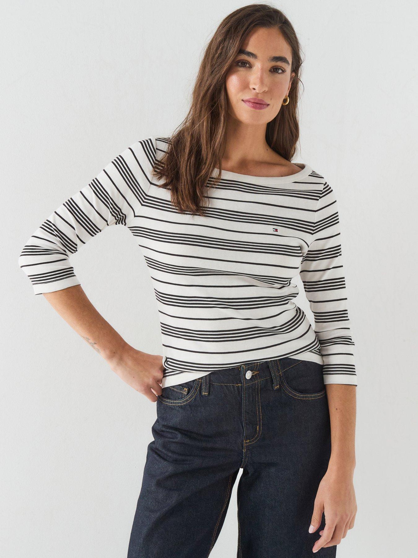 Tommy Hilfiger Women's Striped Boat Neck 3/4 Sleeve T-Shirt - White/Navy