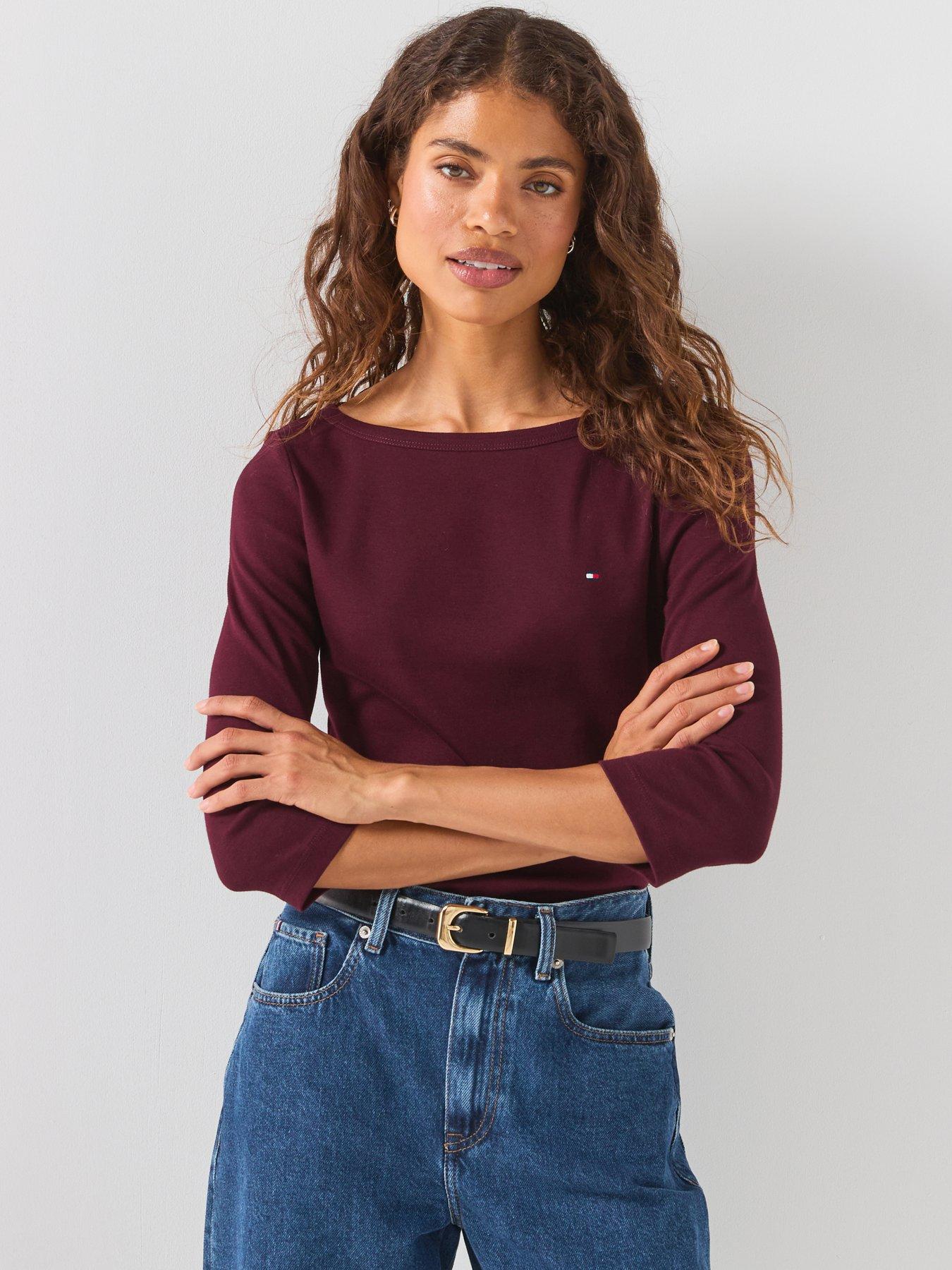 Tommy Hilfiger Women's Boat Neck 3/4 Sleeve T-Shirt - Burgundy