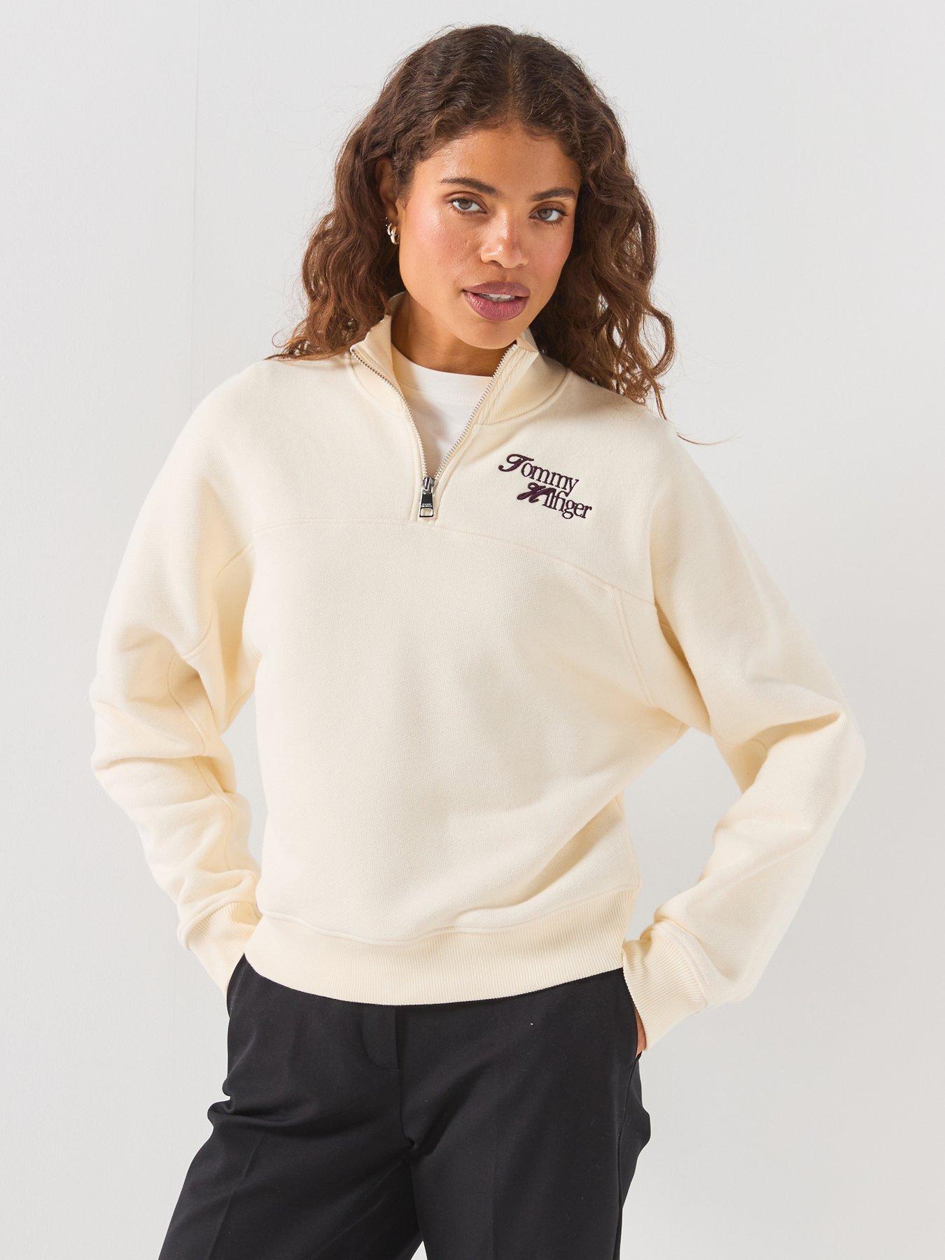 Tommy Hilfiger Women's Regular Fit Script Logo Quarter Zip Sweatshirt - Cream