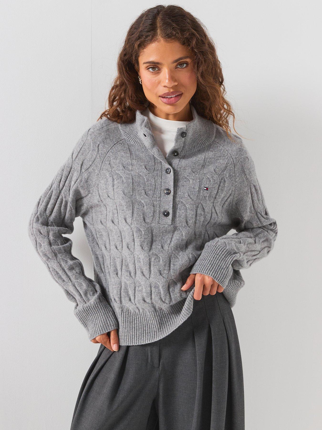 Image 1 of 6 of Tommy Hilfiger Pure Wool Button Mock Neck Jumper - Grey