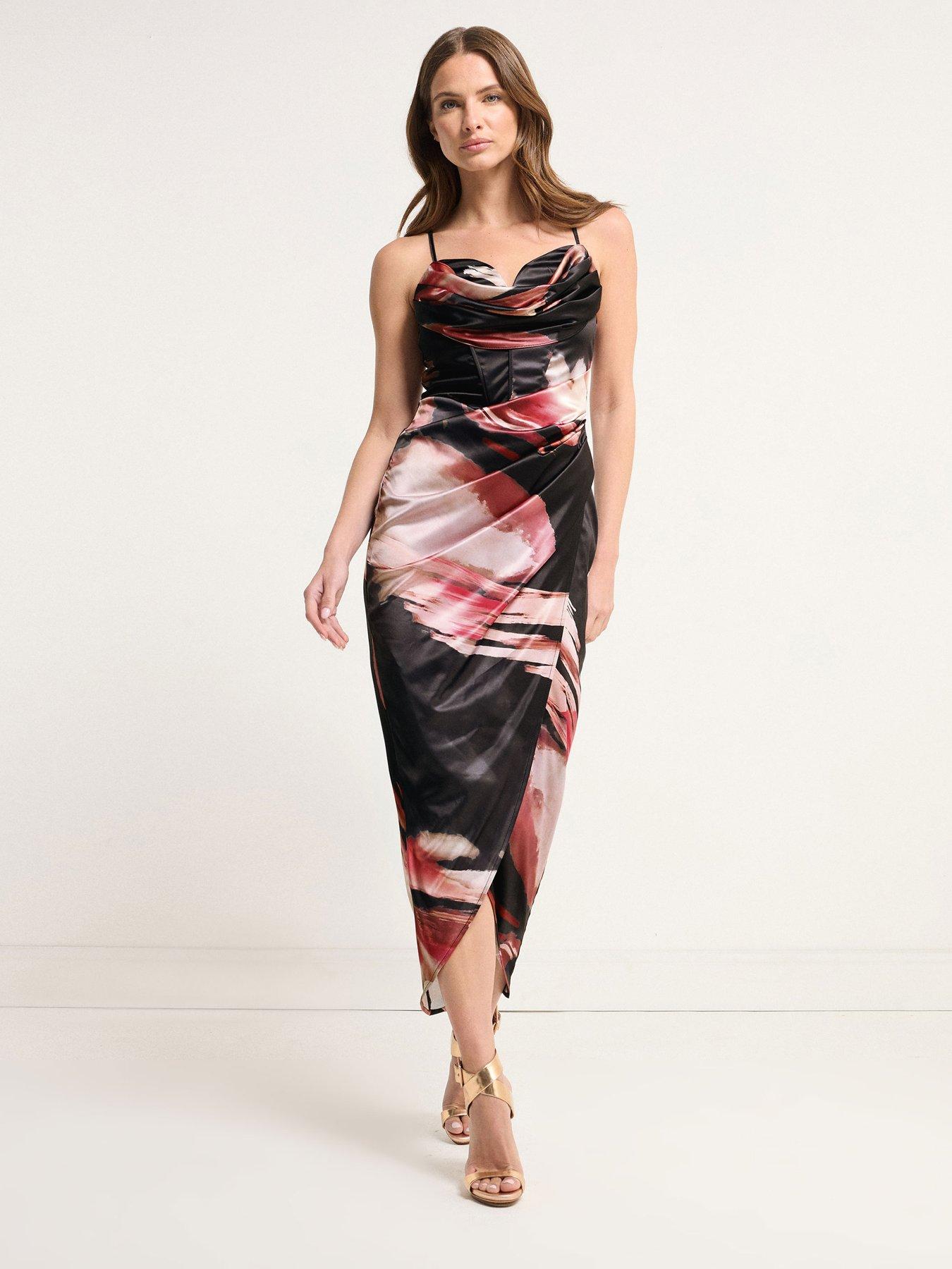 Image 3 of 6 of Star By Julien Macdonald Abstract Print Corset Wrap Dress - Black
