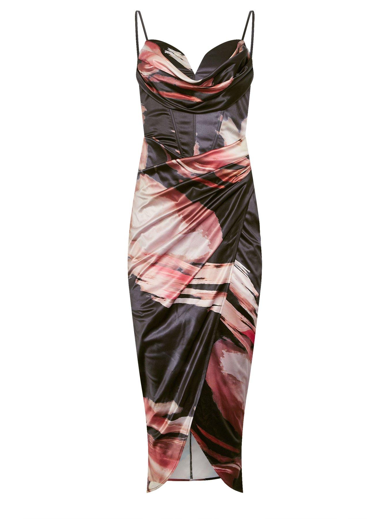 Image 6 of 6 of Star By Julien Macdonald Abstract Print Corset Wrap Dress - Black