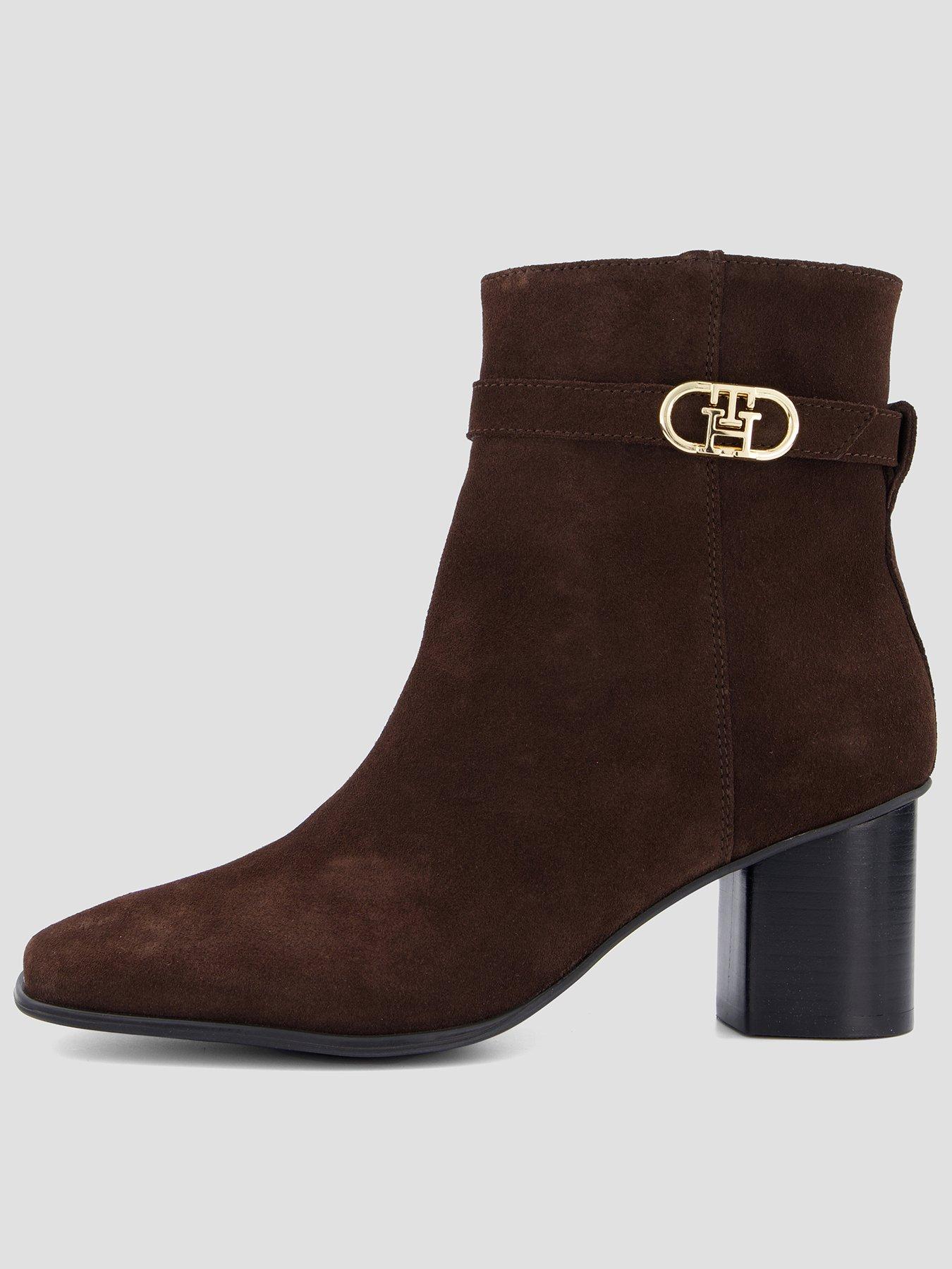 Image 1 of 7 of Tommy Hilfiger Suede Buckle Strap Block Heel Ankle Boots - Brown