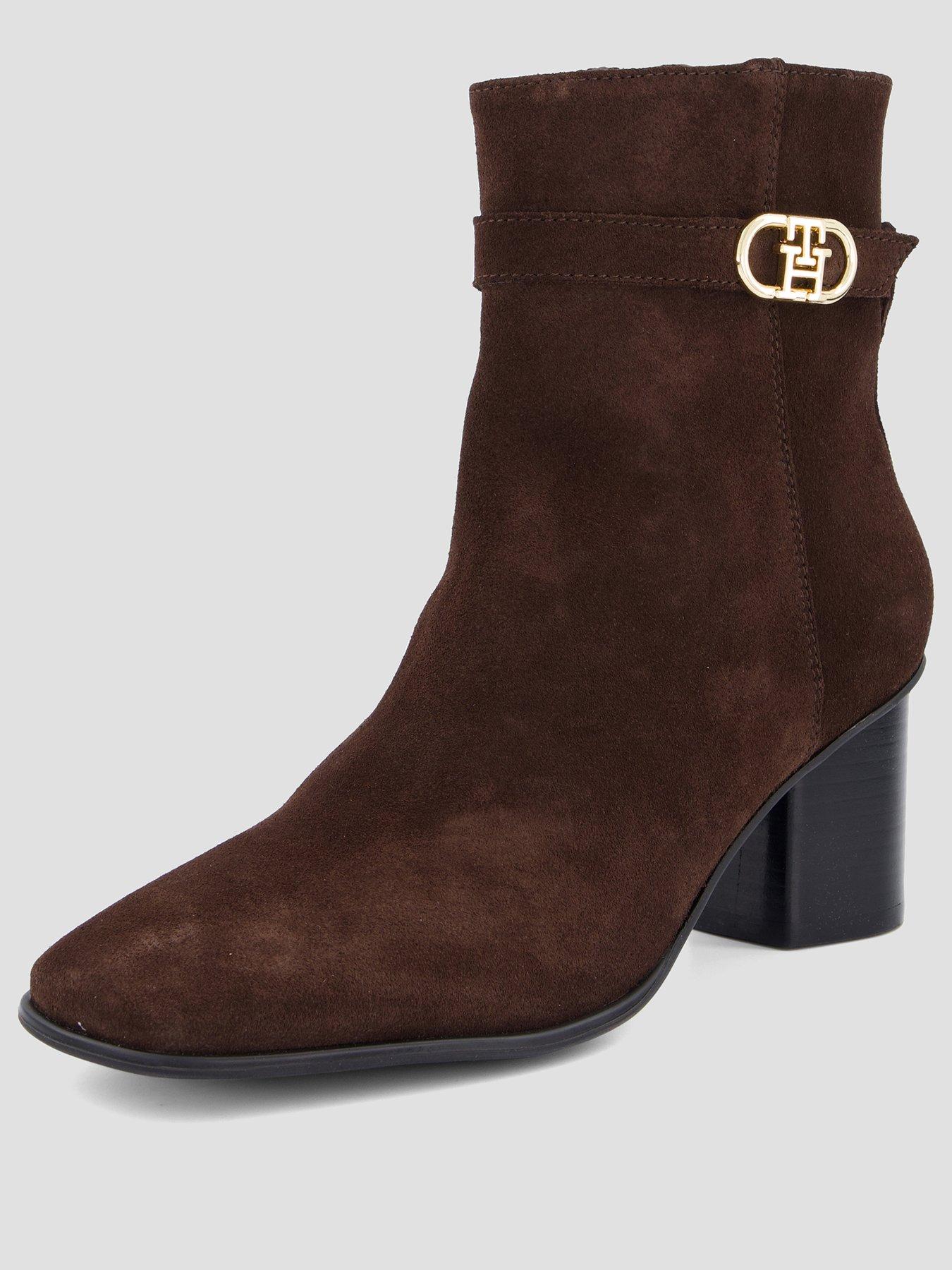 Image 2 of 7 of Tommy Hilfiger Suede Buckle Strap Block Heel Ankle Boots - Brown