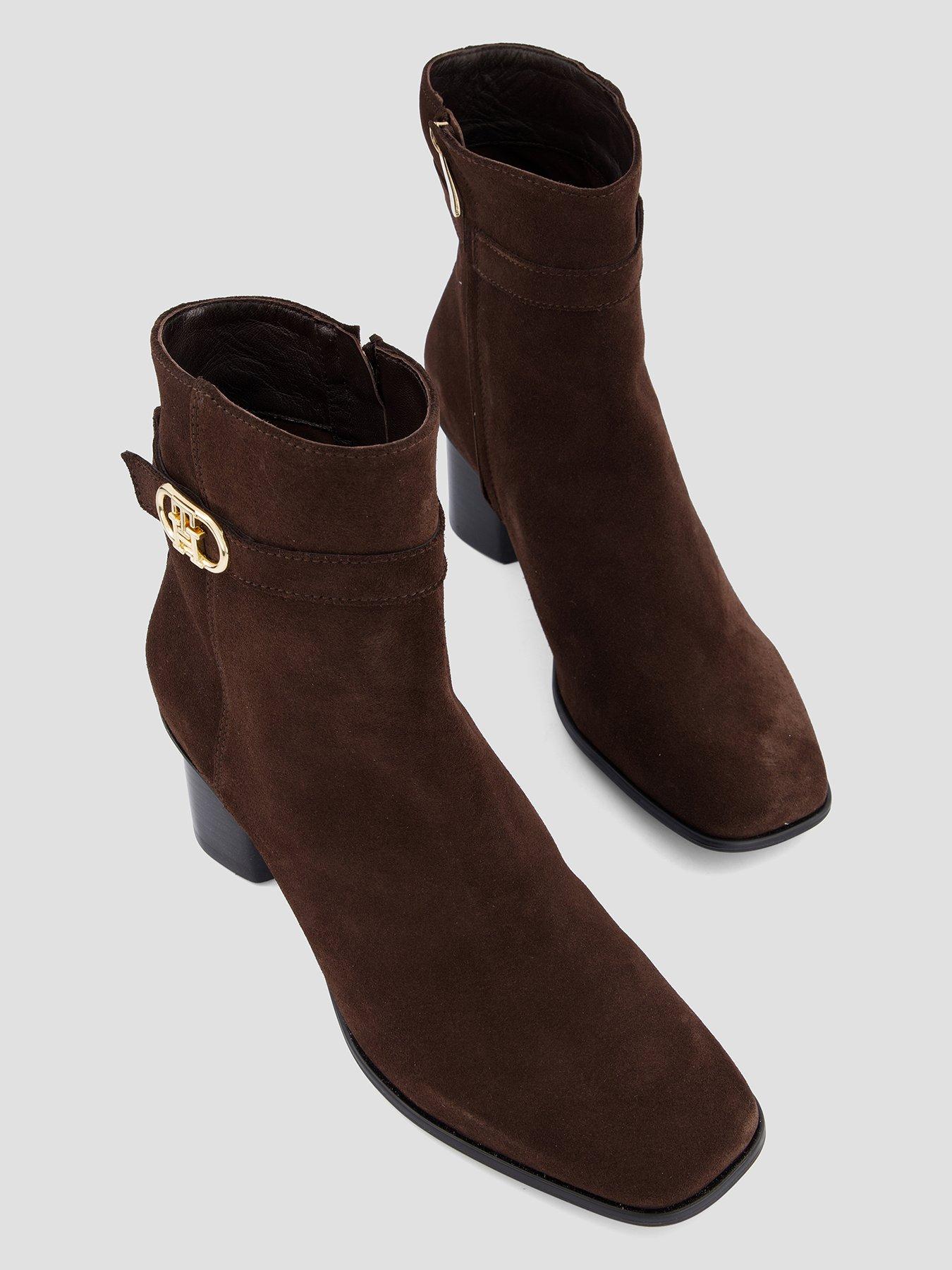 Image 3 of 7 of Tommy Hilfiger Suede Buckle Strap Block Heel Ankle Boots - Brown