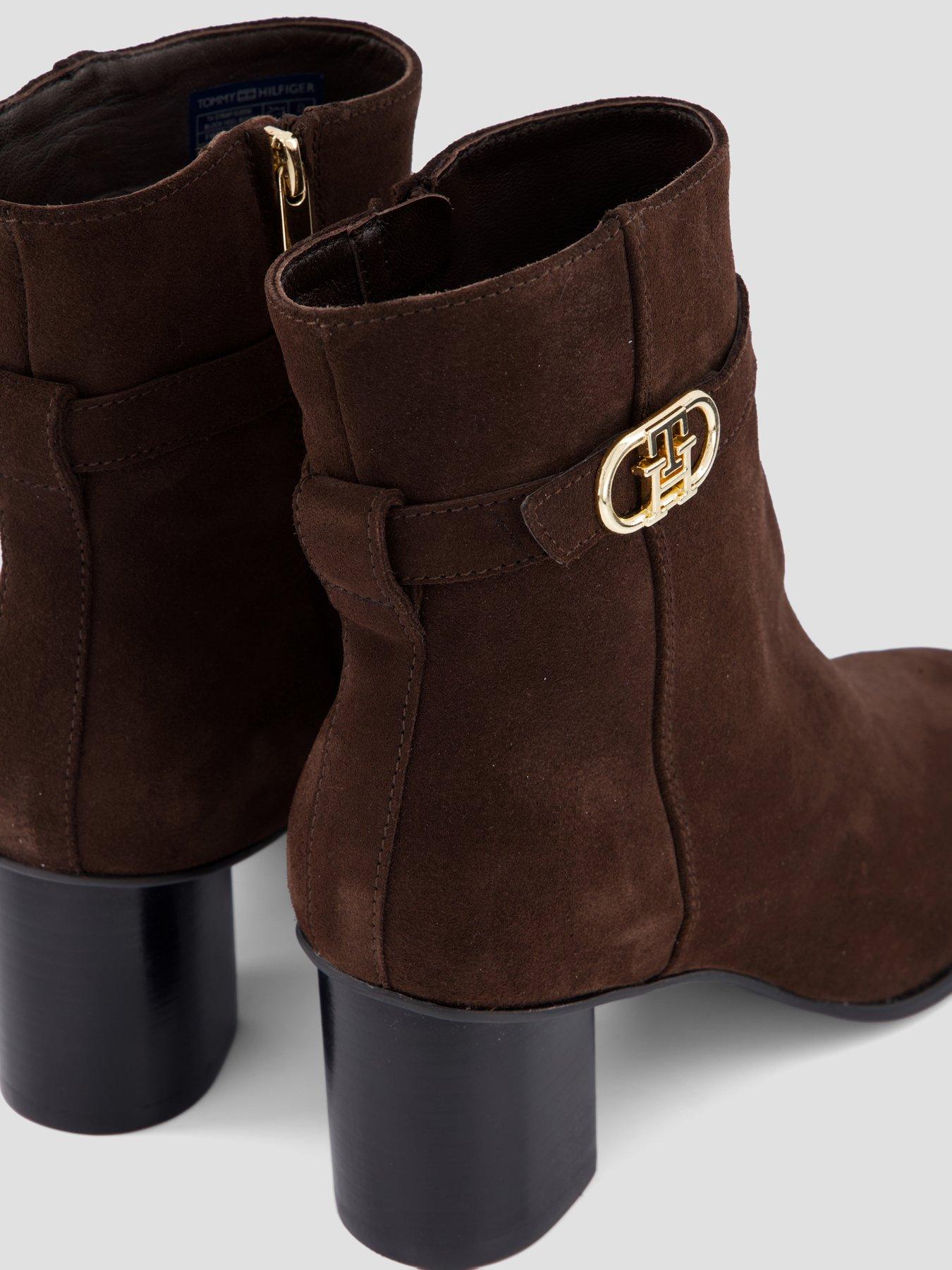 Image 5 of 7 of Tommy Hilfiger Suede Buckle Strap Block Heel Ankle Boots - Brown