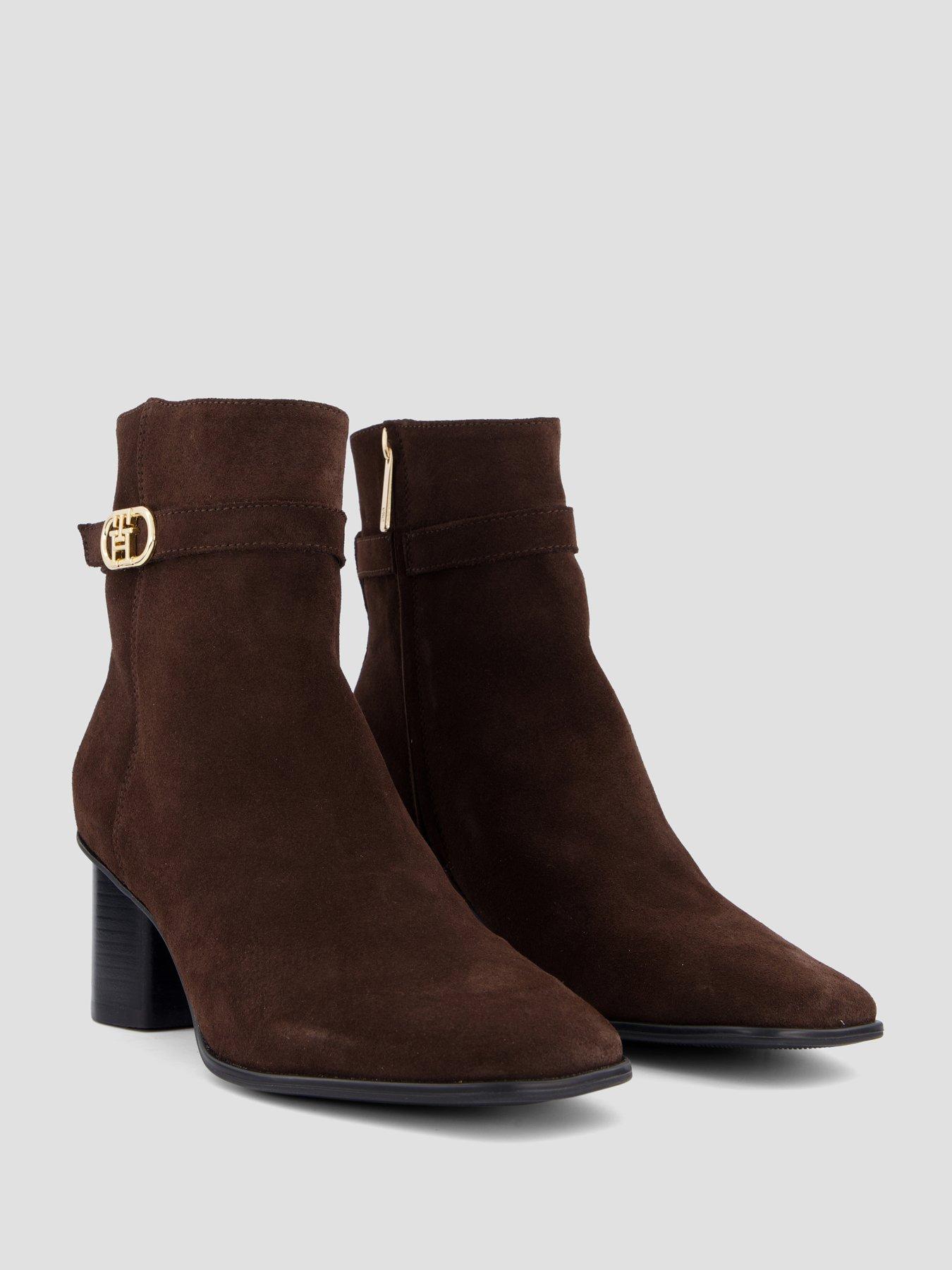Image 6 of 7 of Tommy Hilfiger Suede Buckle Strap Block Heel Ankle Boots - Brown