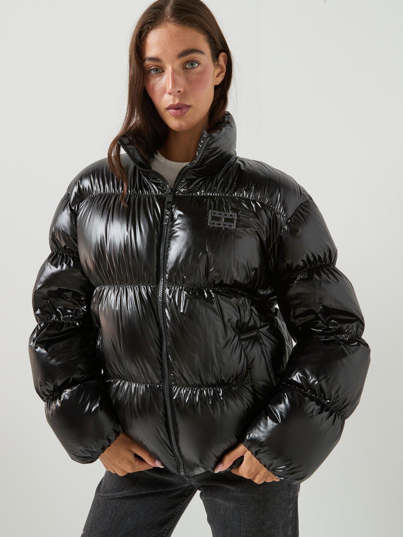 Image 1 of 6 of Tommy Jeans High Neck Shiny Puffer Down Jacket - Black