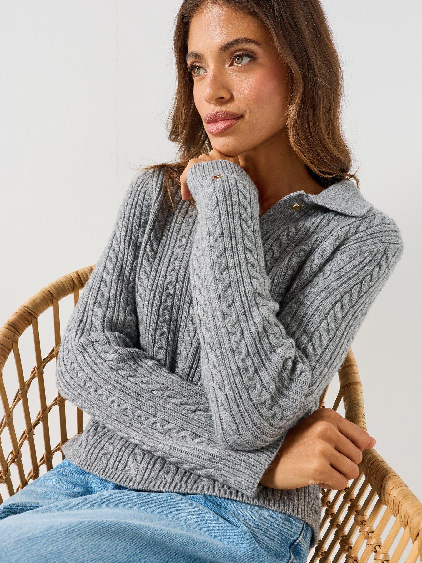 Image 4 of 5 of Tommy Hilfiger Wool Blend Cable Knit Polo Jumper - Grey