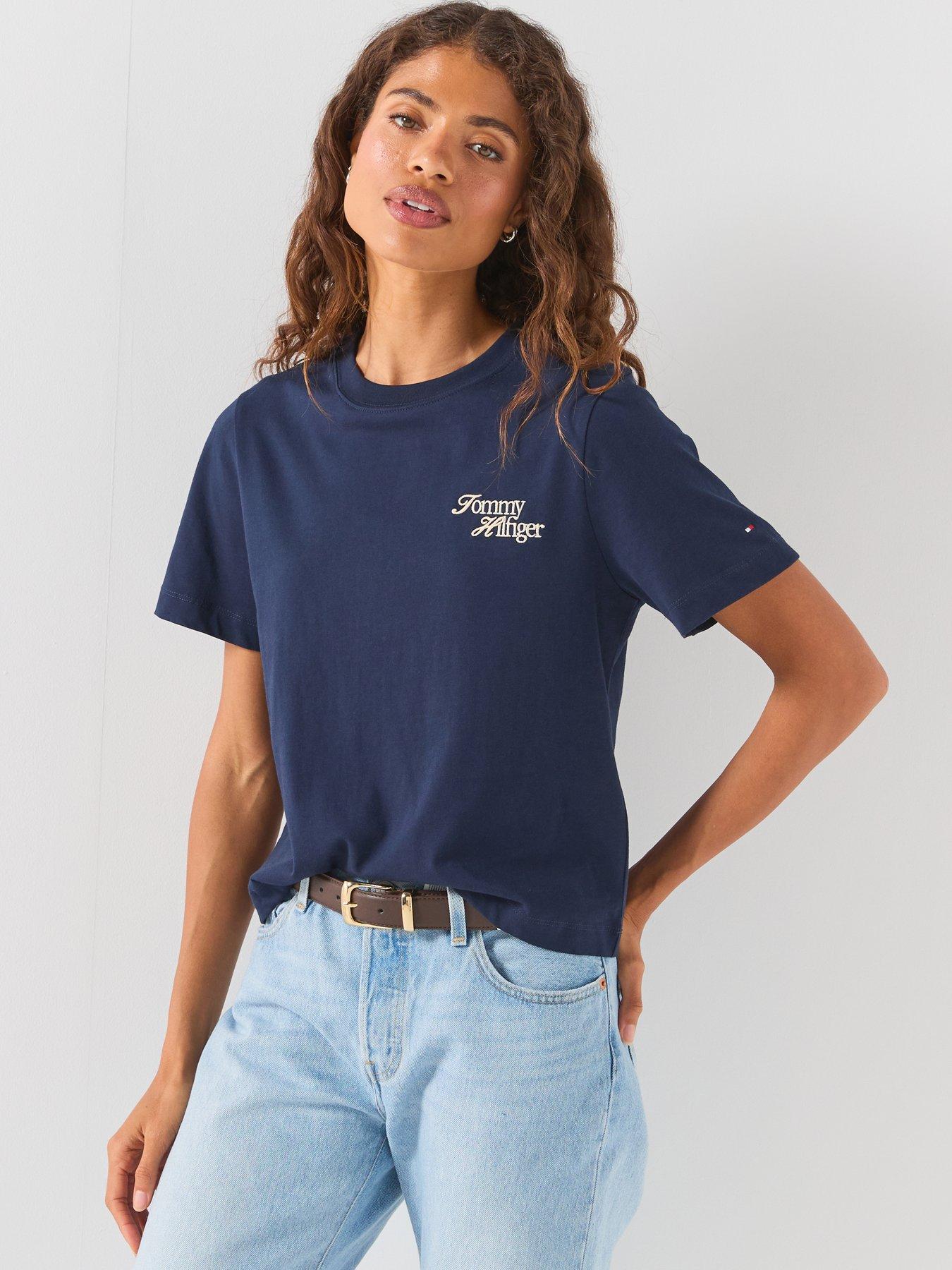 Tommy Hilfiger Women's Regular Fit Script Logo Crew Neck T-Shirt - Navy