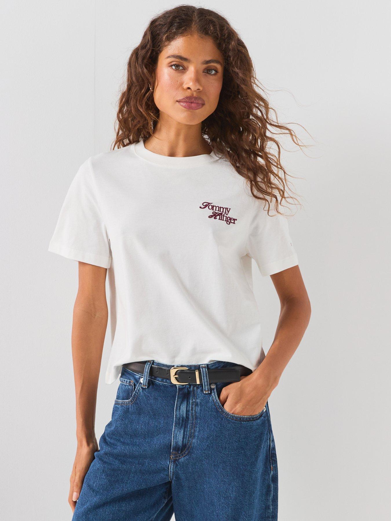 Tommy Hilfiger Women's Regular Fit Script Logo Crew Neck T-Shirt - Cream