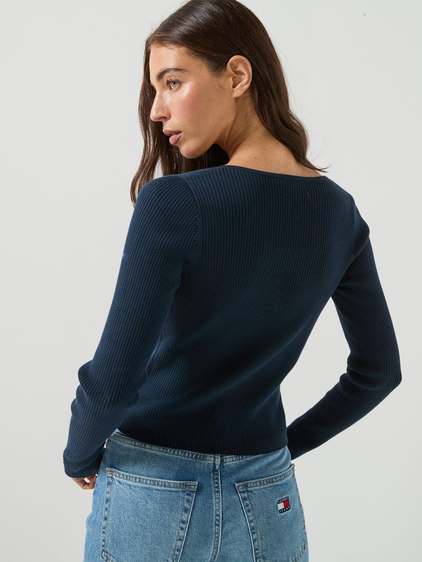 Image 2 of 5 of Tommy Jeans Extra Slim Logo Tie Neck Cardigan - Blue
