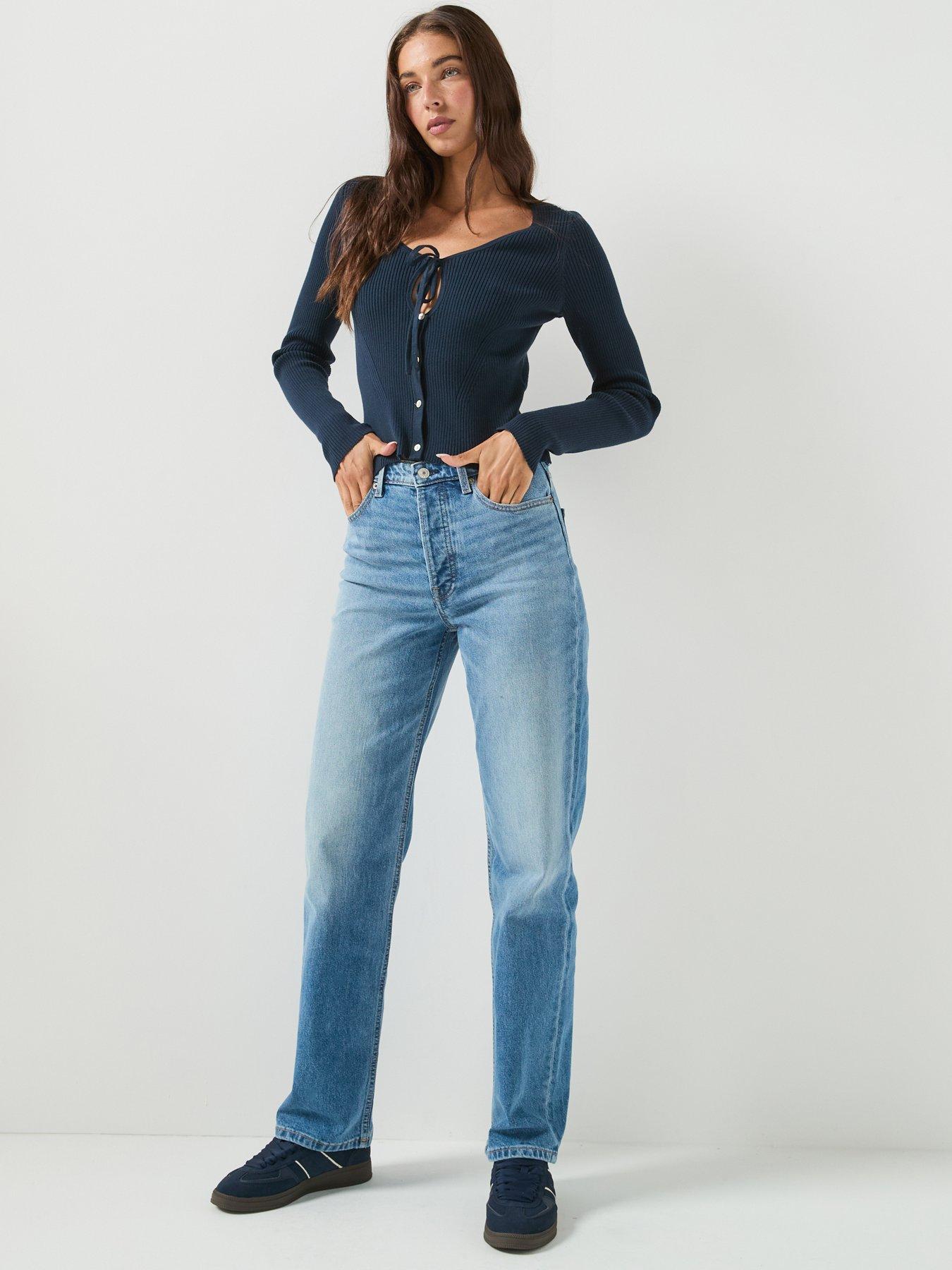 Image 3 of 5 of Tommy Jeans Extra Slim Logo Tie Neck Cardigan - Blue