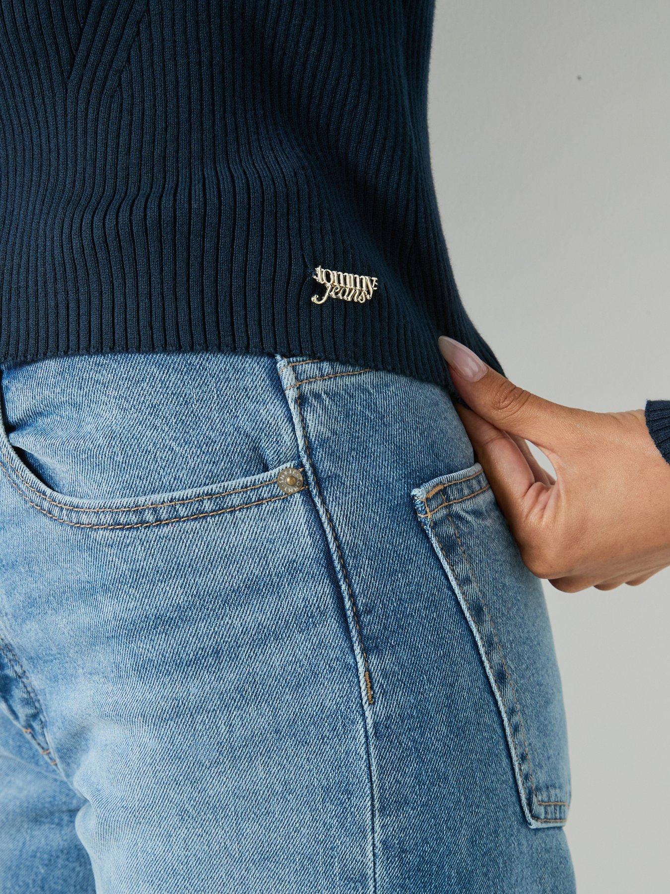 Image 4 of 5 of Tommy Jeans Extra Slim Logo Tie Neck Cardigan - Blue