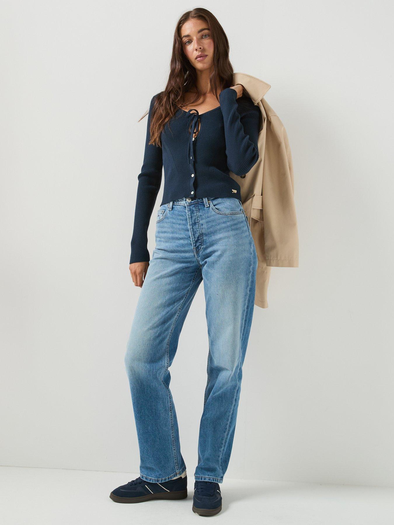 Image 5 of 5 of Tommy Jeans Extra Slim Logo Tie Neck Cardigan - Blue