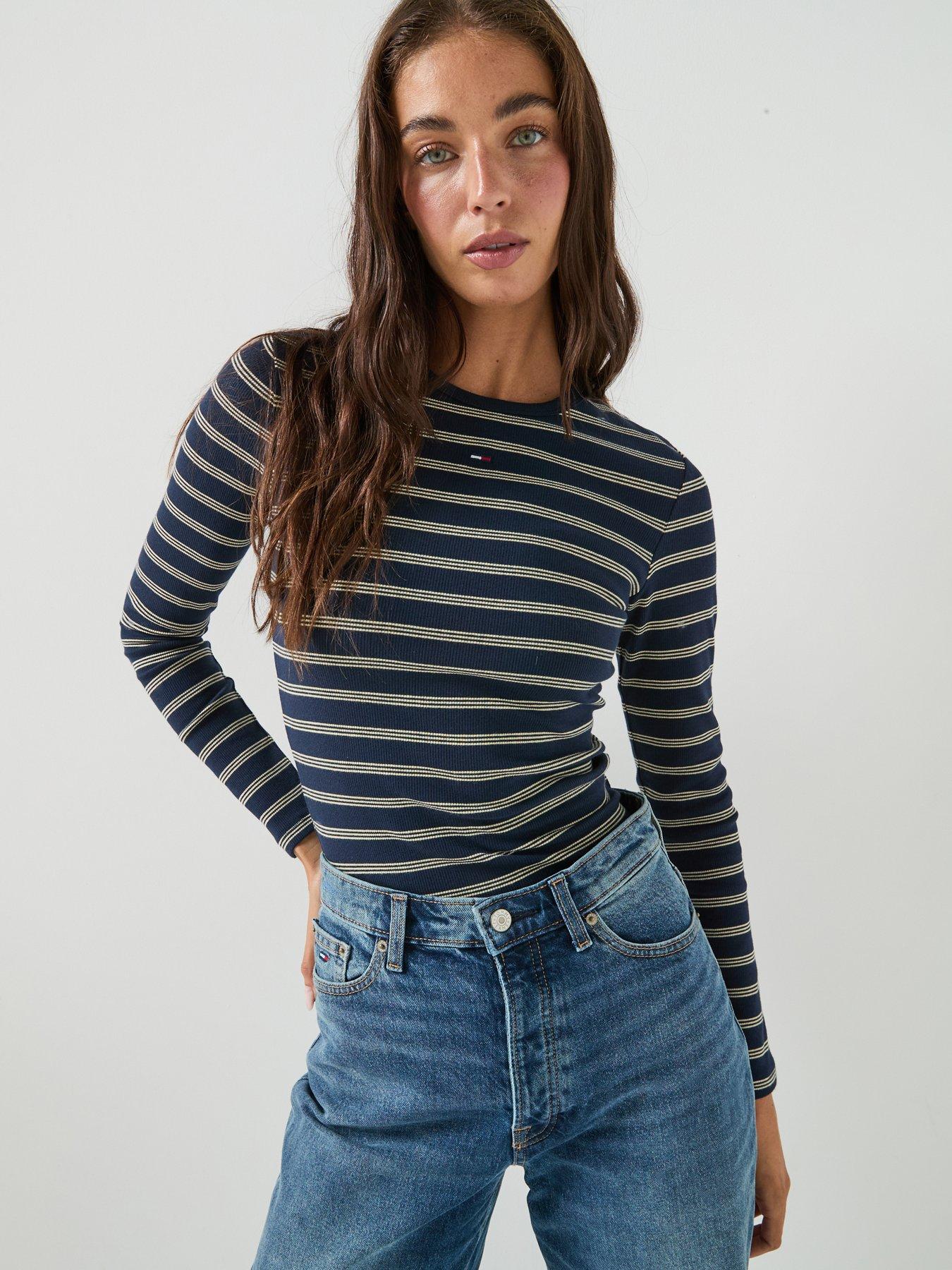Image 4 of 5 of Tommy Jeans Slim Ribbed Long Sleeve T-shirt - Blue
