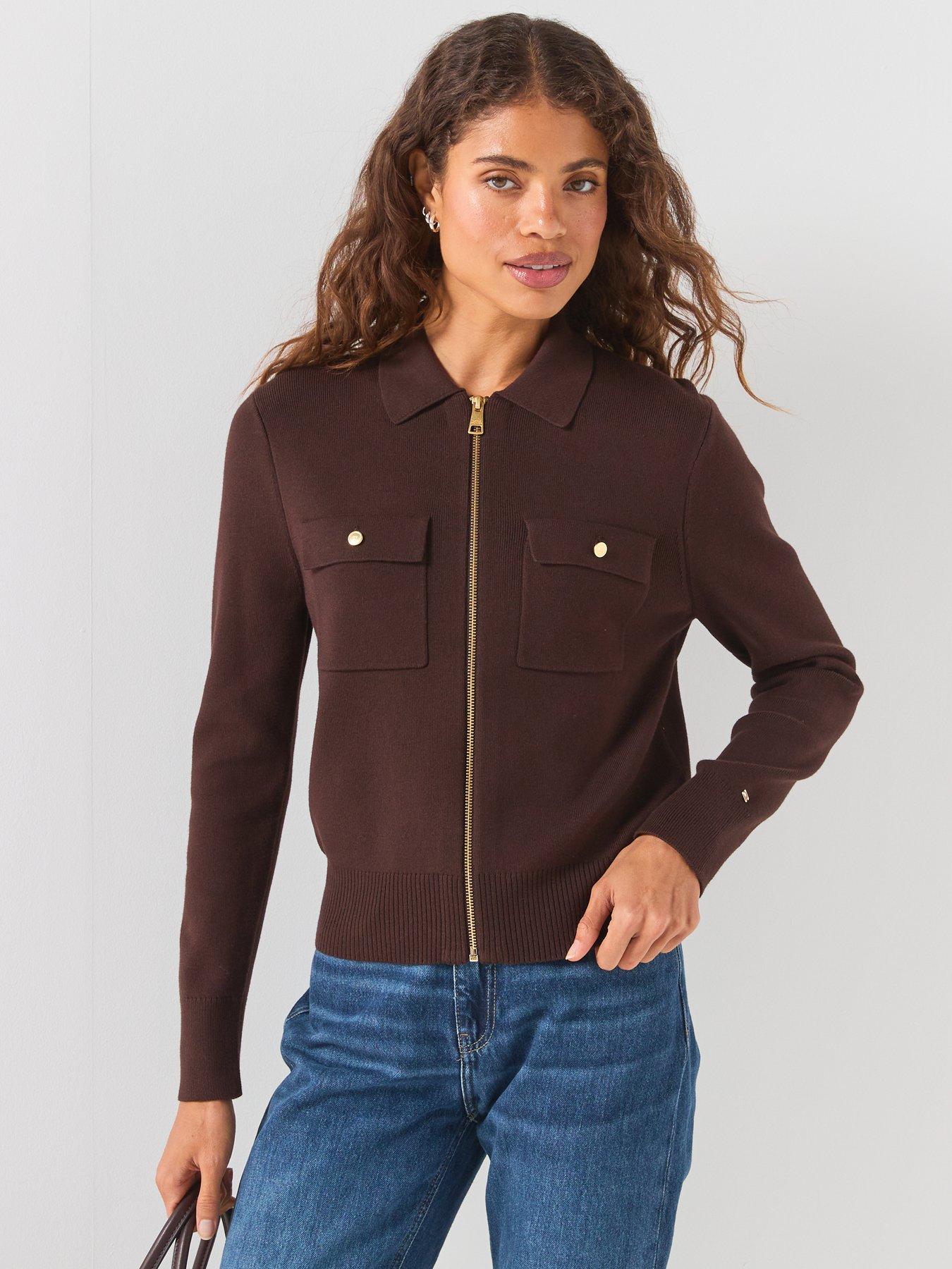 Tommy Hilfiger Women's Full Needle Knit Zip Through Jacket - Brown
