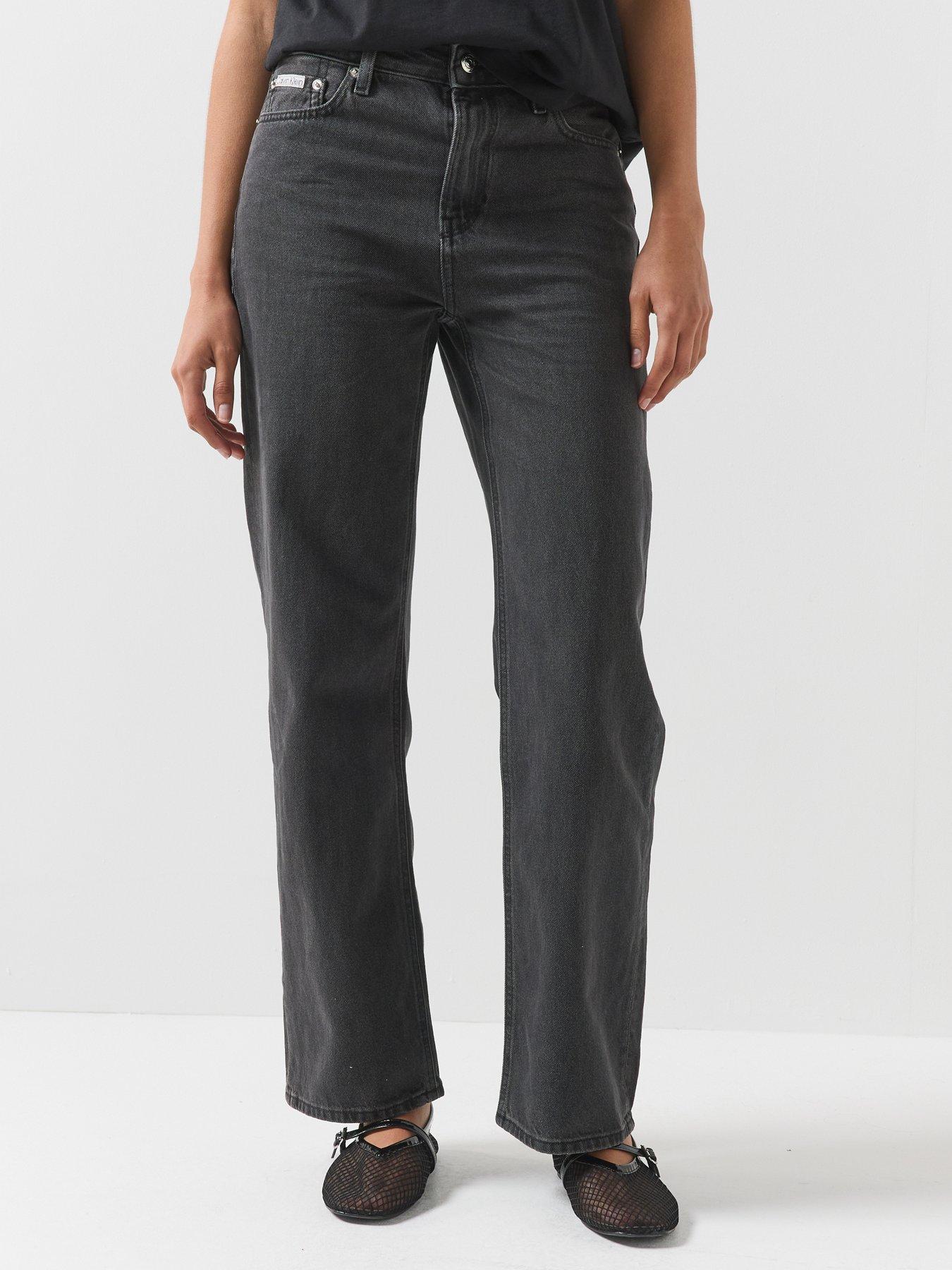 Image 1 of 6 of Calvin Klein Jeans Womens High Rise Relaxed Straight Jeans - Black