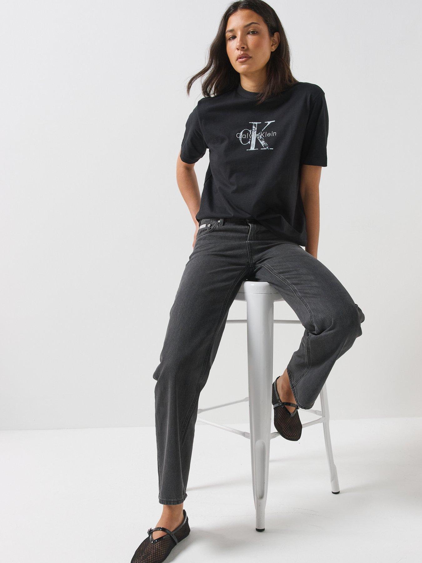 Image 6 of 6 of Calvin Klein Jeans Womens High Rise Relaxed Straight Jeans - Black