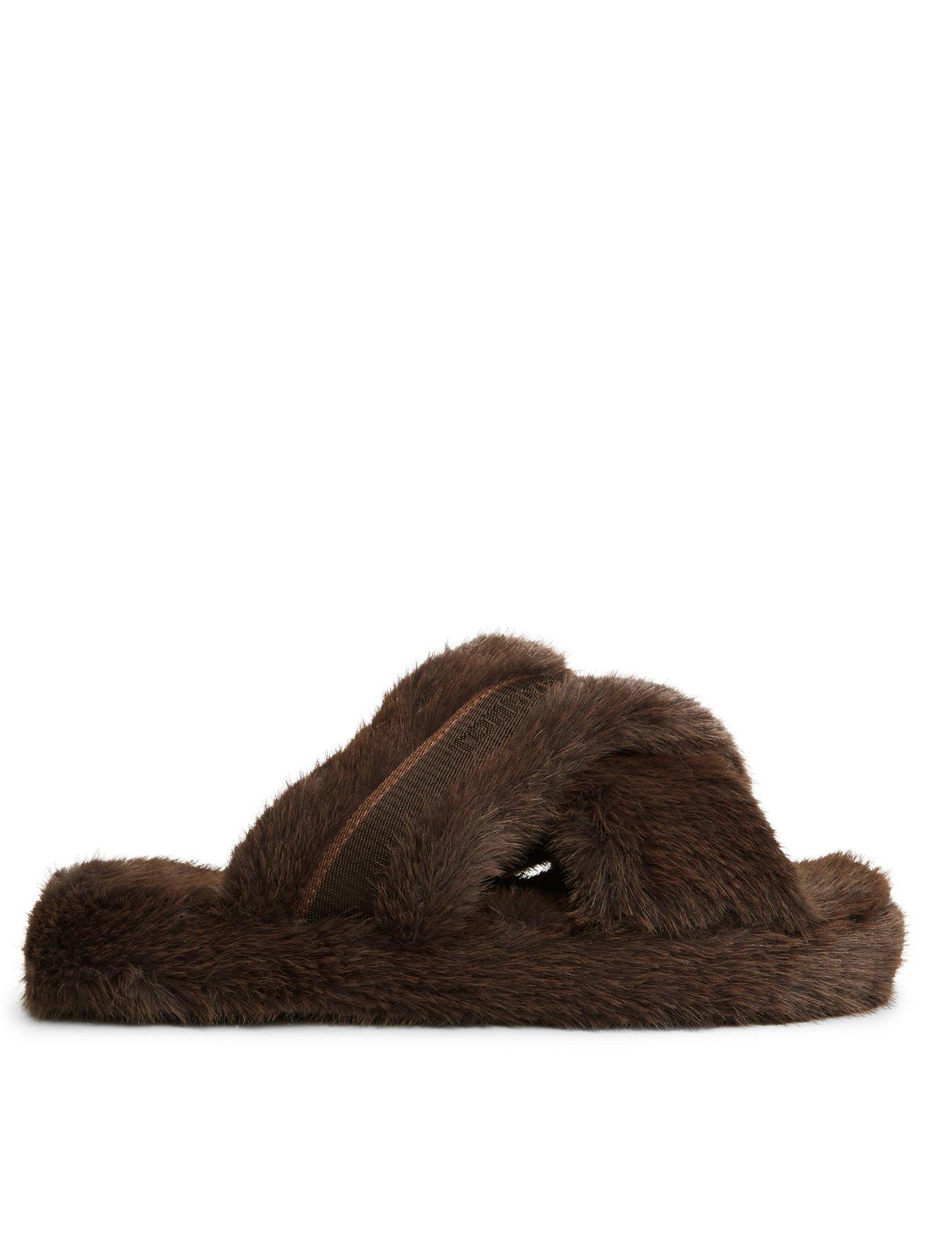 Image 1 of 6 of Tommy Hilfiger Faux Fur Crossover Strap Slippers - Brown