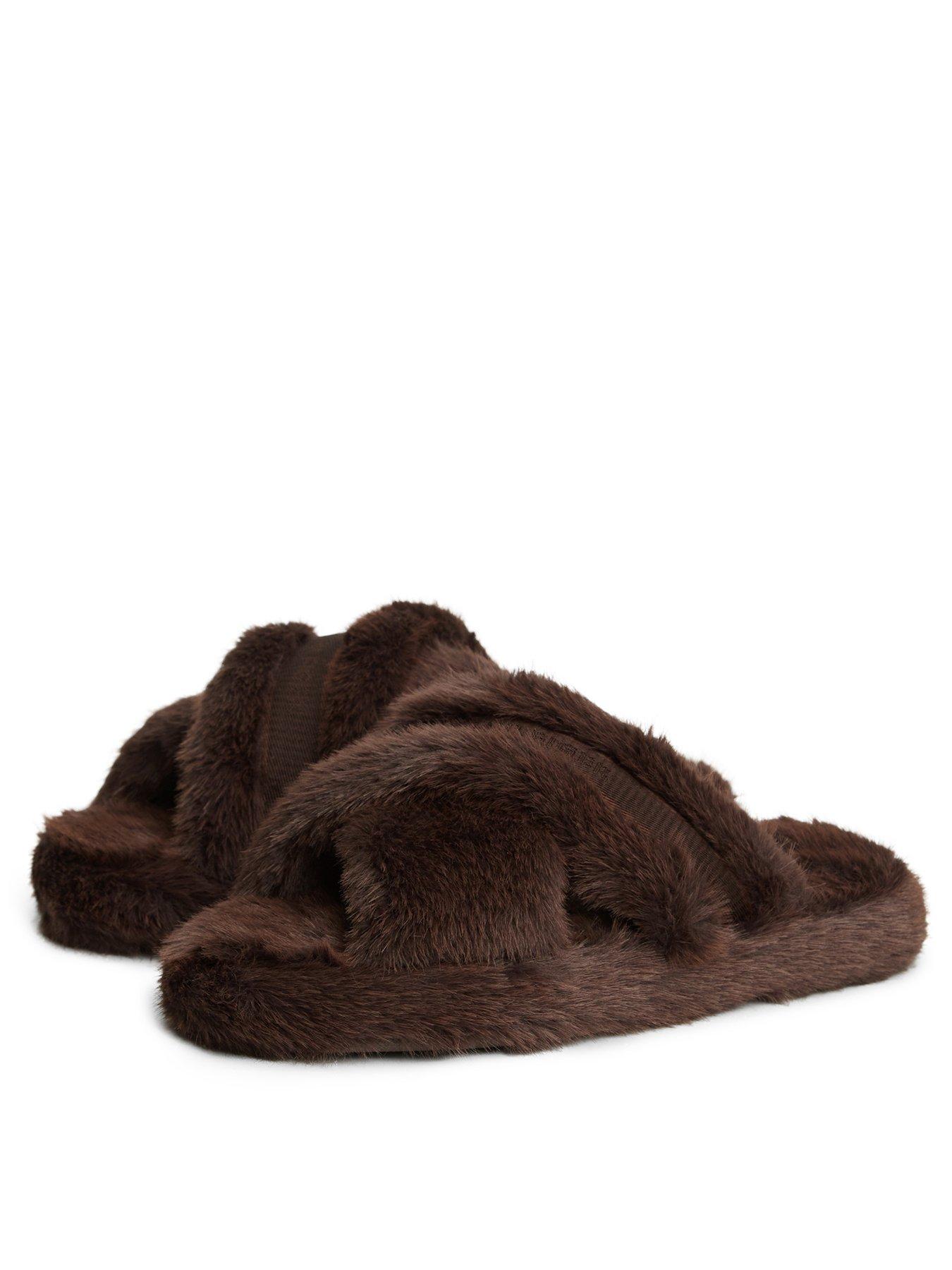 Image 2 of 6 of Tommy Hilfiger Faux Fur Crossover Strap Slippers - Brown