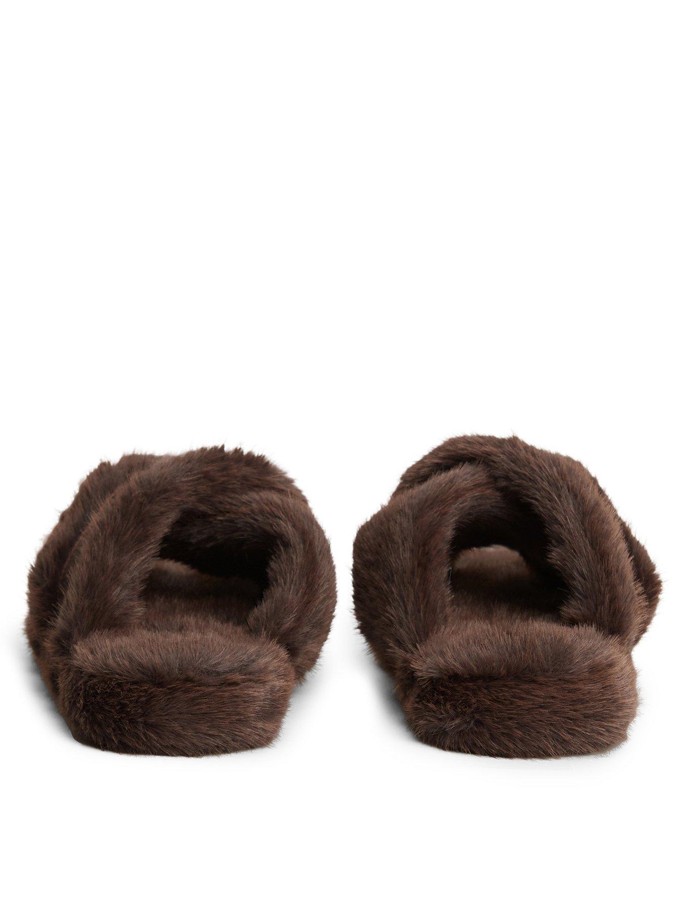 Image 3 of 6 of Tommy Hilfiger Faux Fur Crossover Strap Slippers - Brown