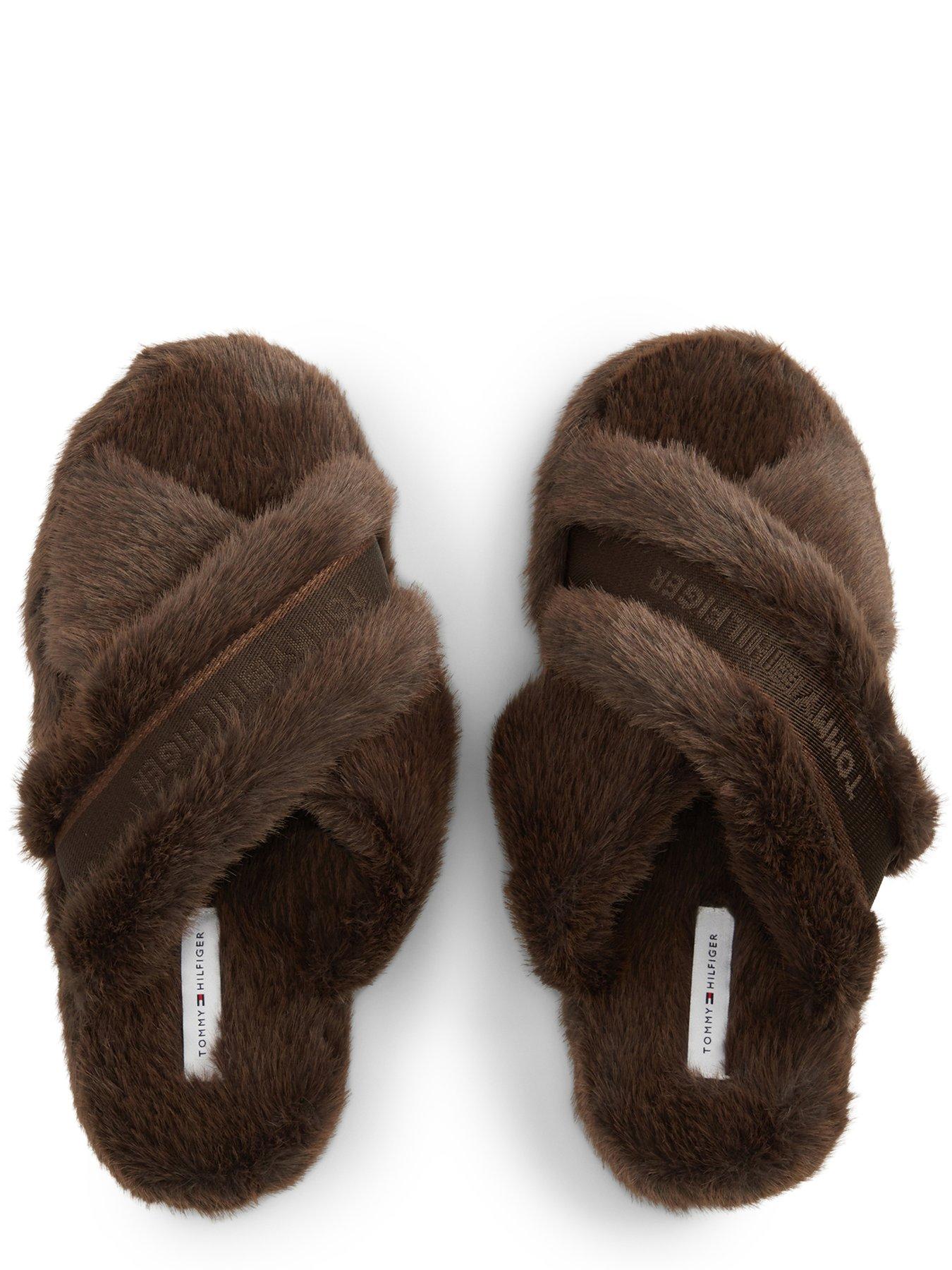 Image 4 of 6 of Tommy Hilfiger Faux Fur Crossover Strap Slippers - Brown