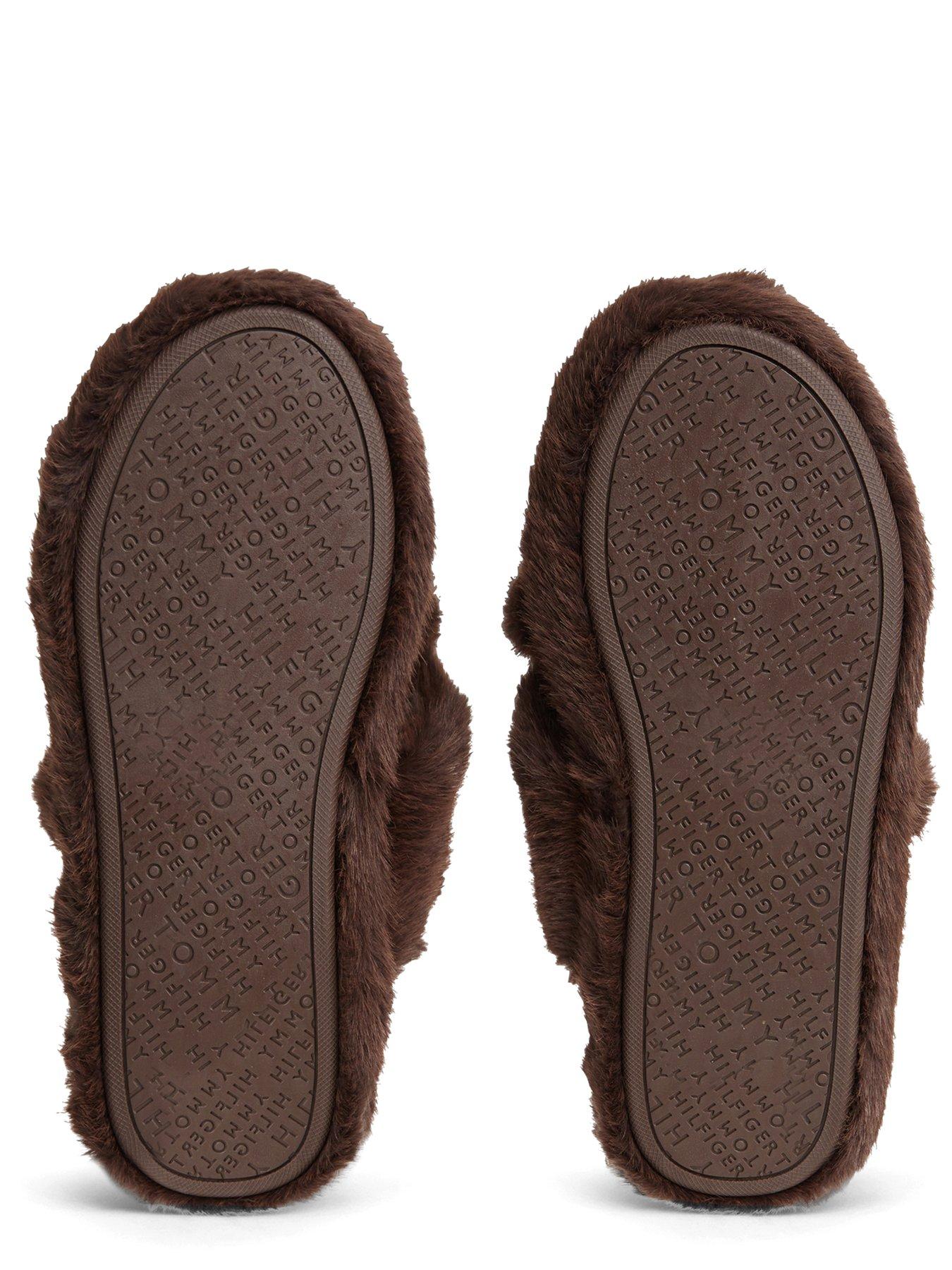 Image 5 of 6 of Tommy Hilfiger Faux Fur Crossover Strap Slippers - Brown