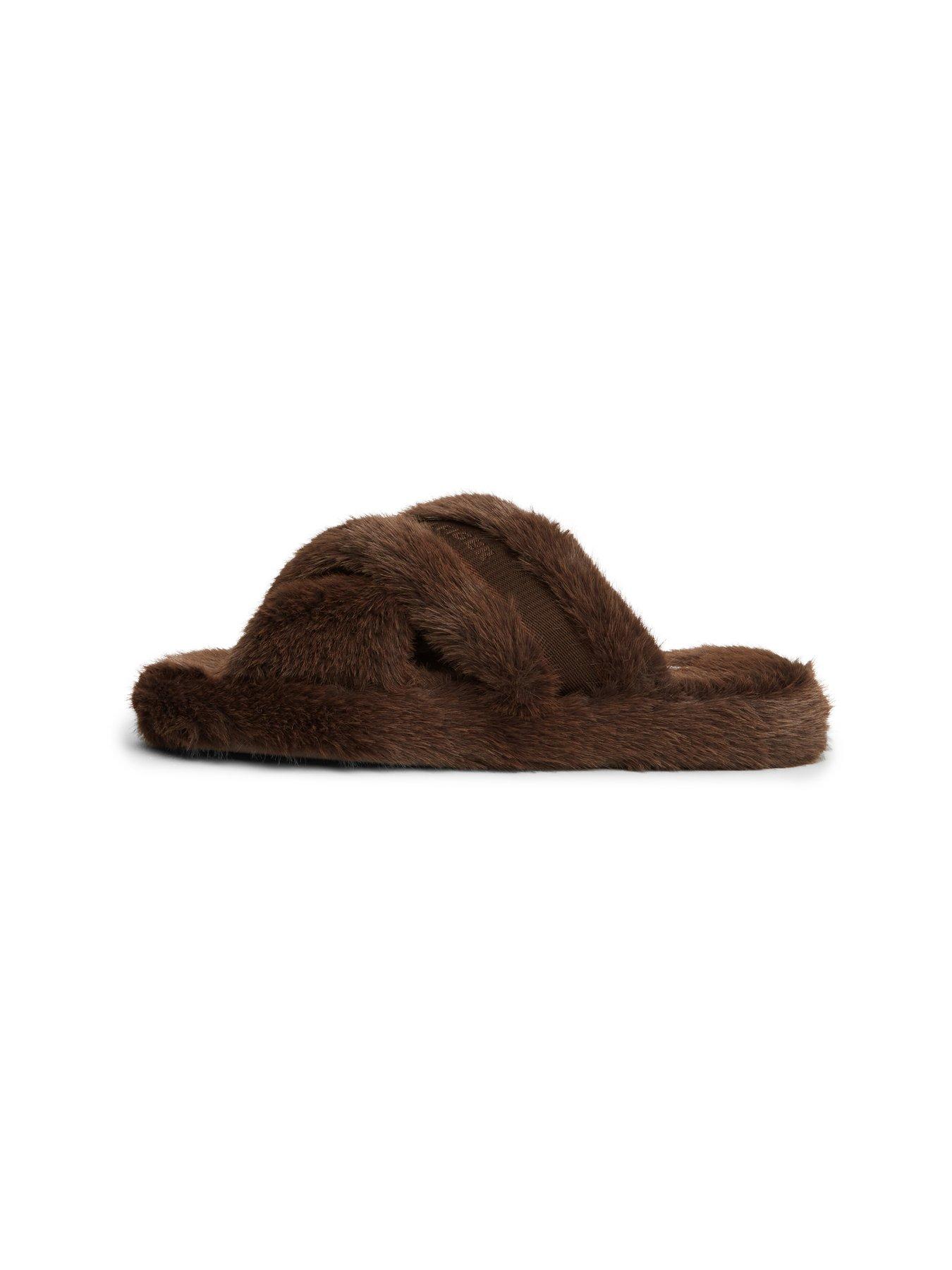 Image 6 of 6 of Tommy Hilfiger Faux Fur Crossover Strap Slippers - Brown